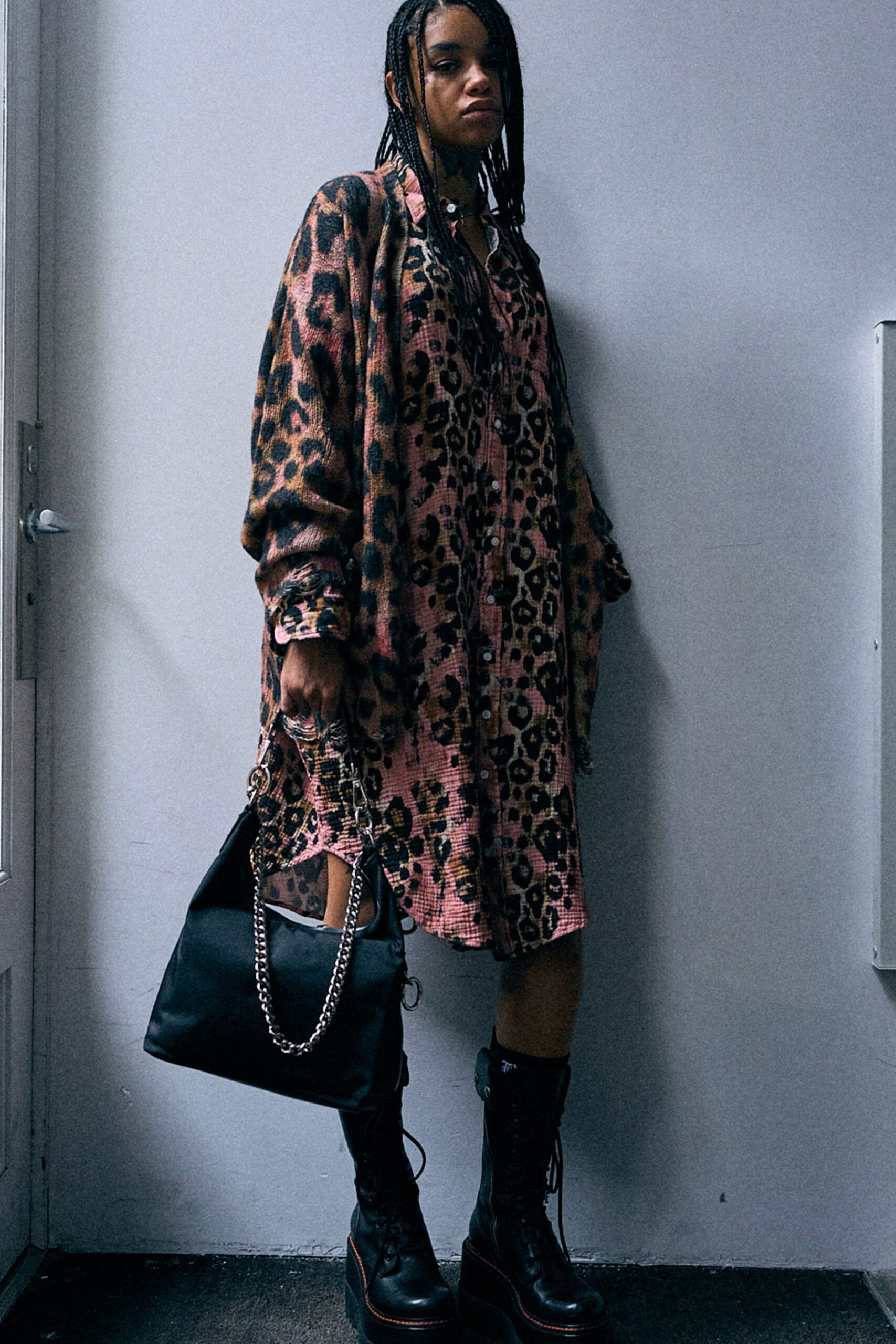 black wool long-sleeve oversized animal-print cardigan