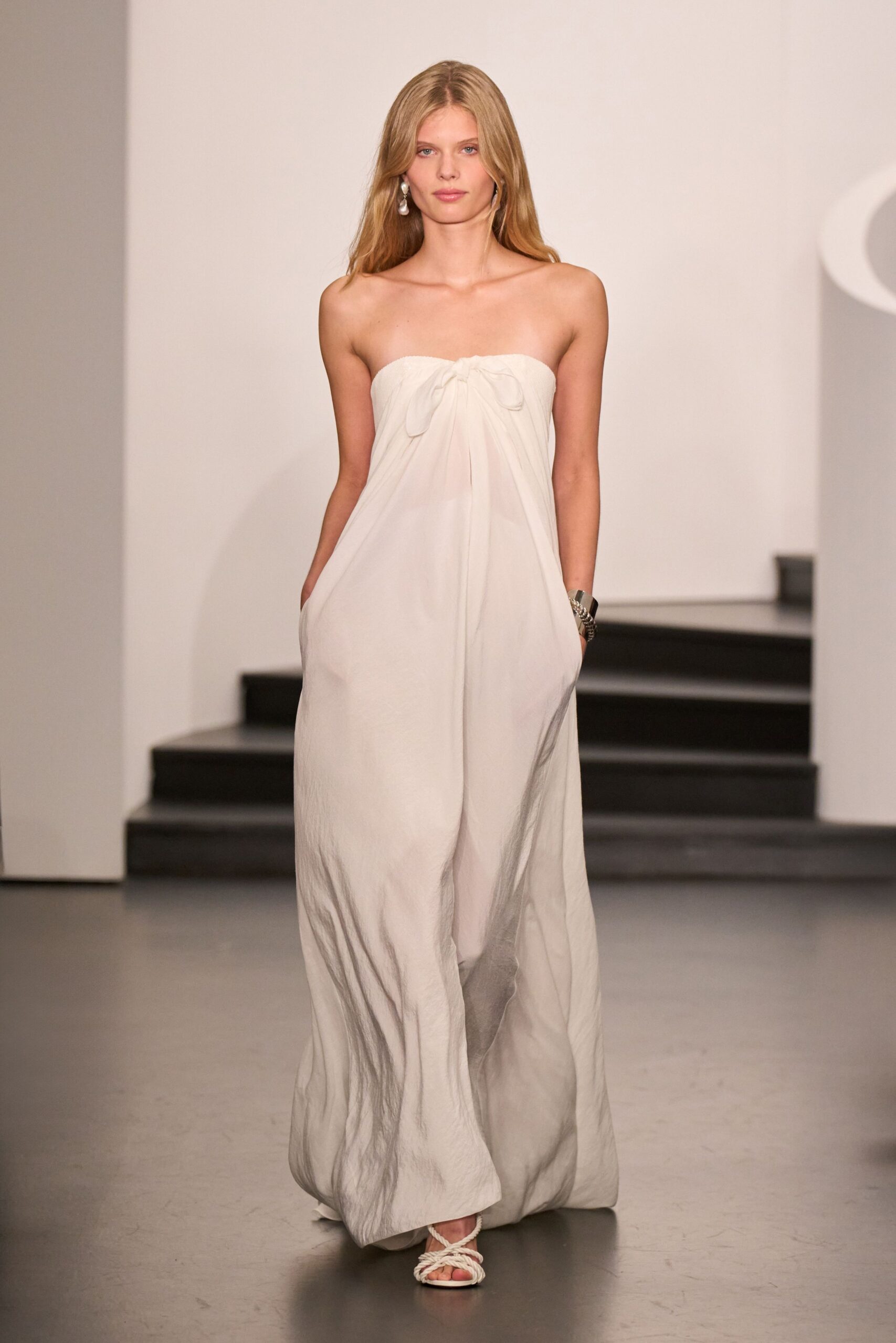 white silk strapless relaxed flowing sheer maxi gown