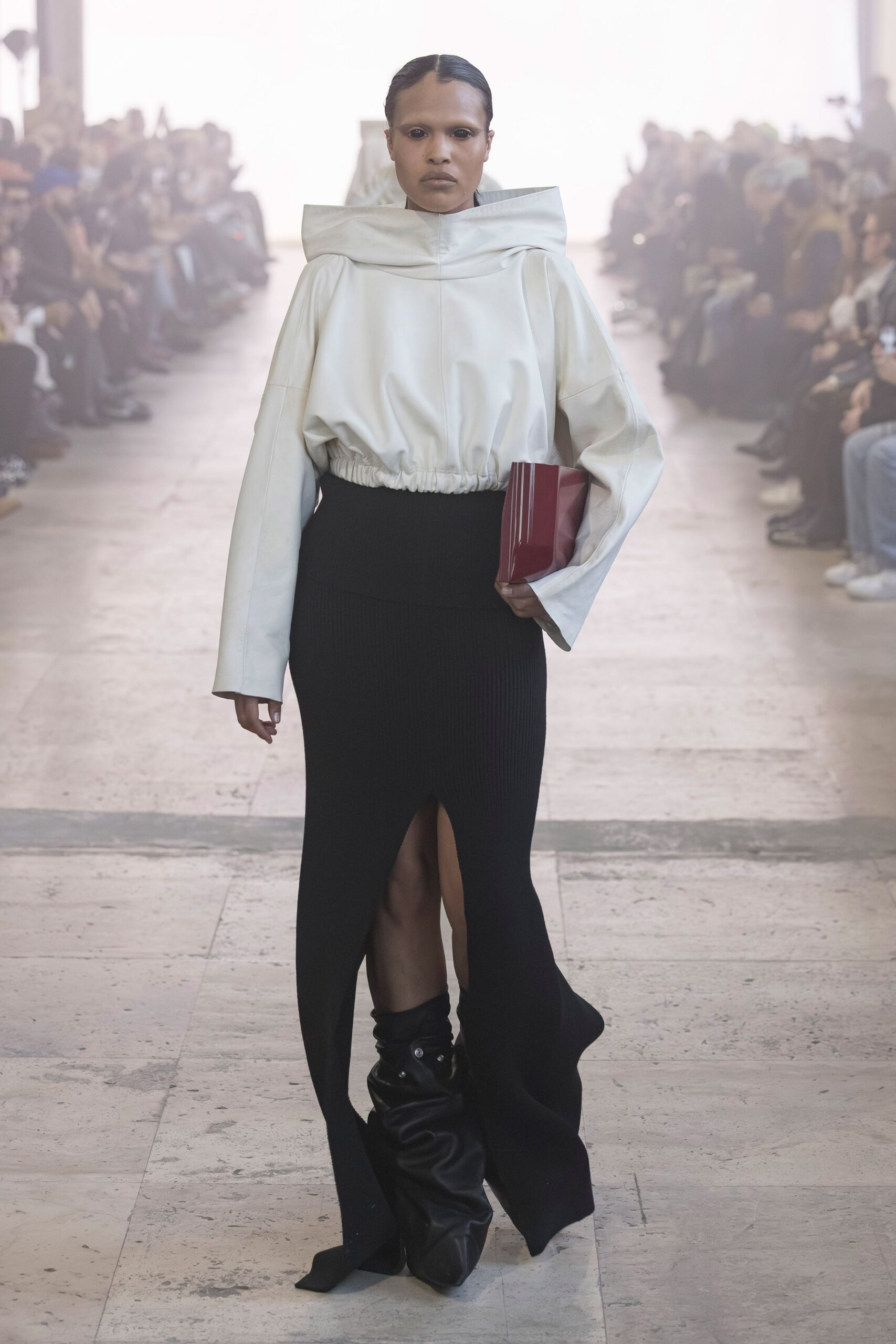 white relaxed top black pencil skirt