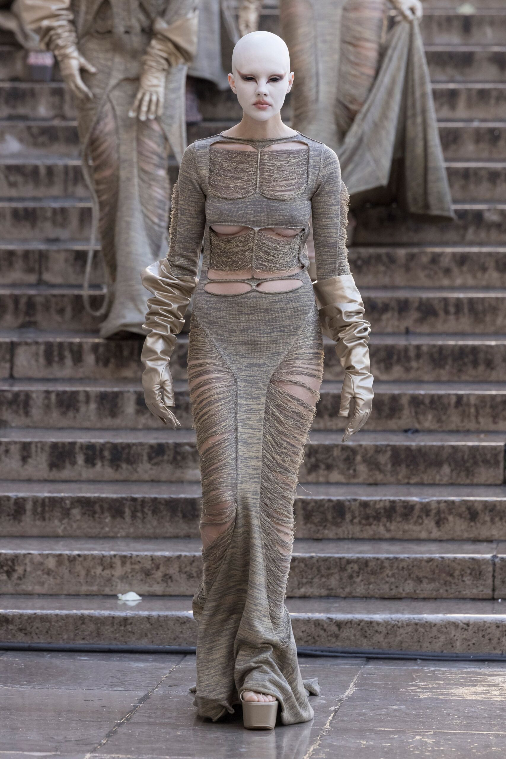 gray cotton long-sleeve high-neck fitted ruched maxi gown