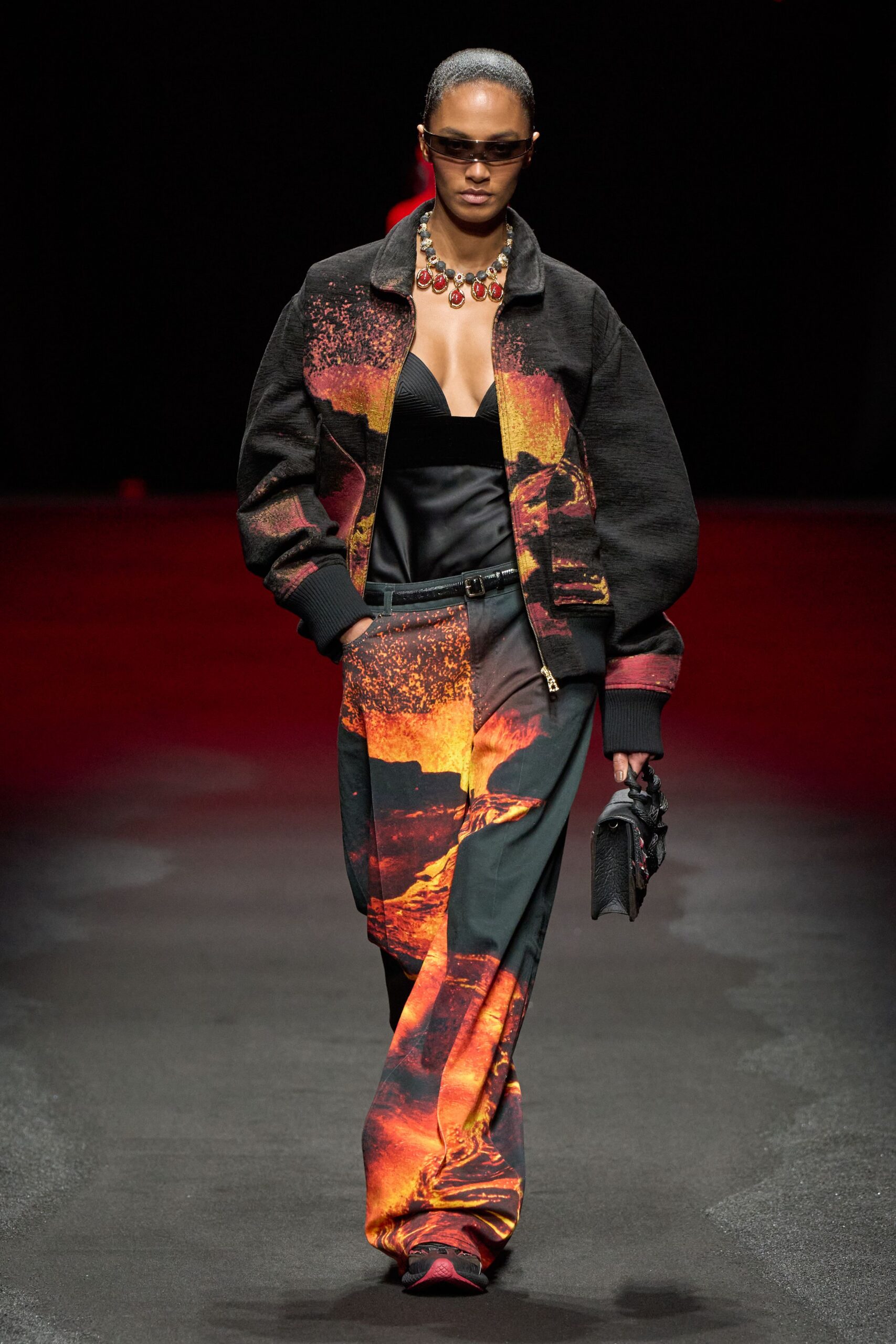black denim jacket with printed pants