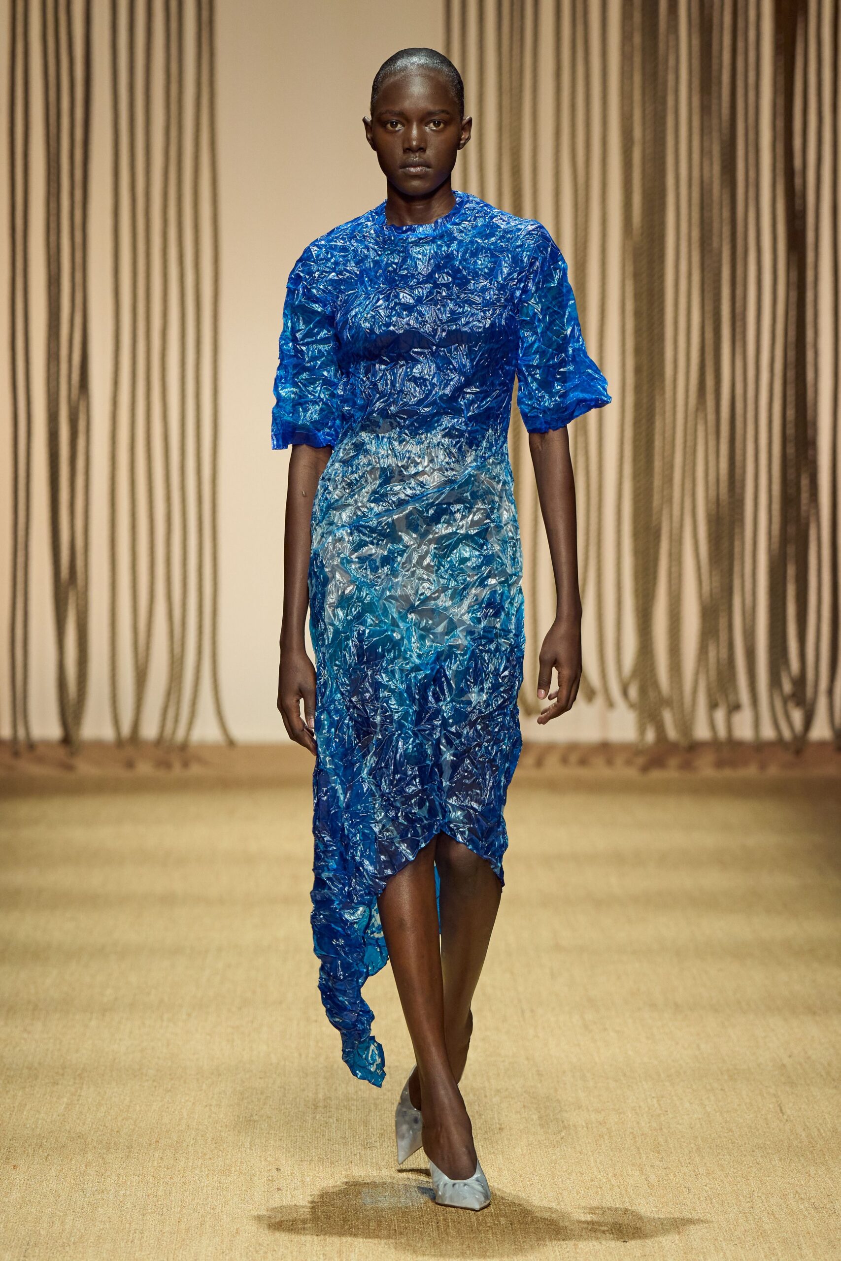 blue silk short-sleeve high-neck fitted draped sheer dress