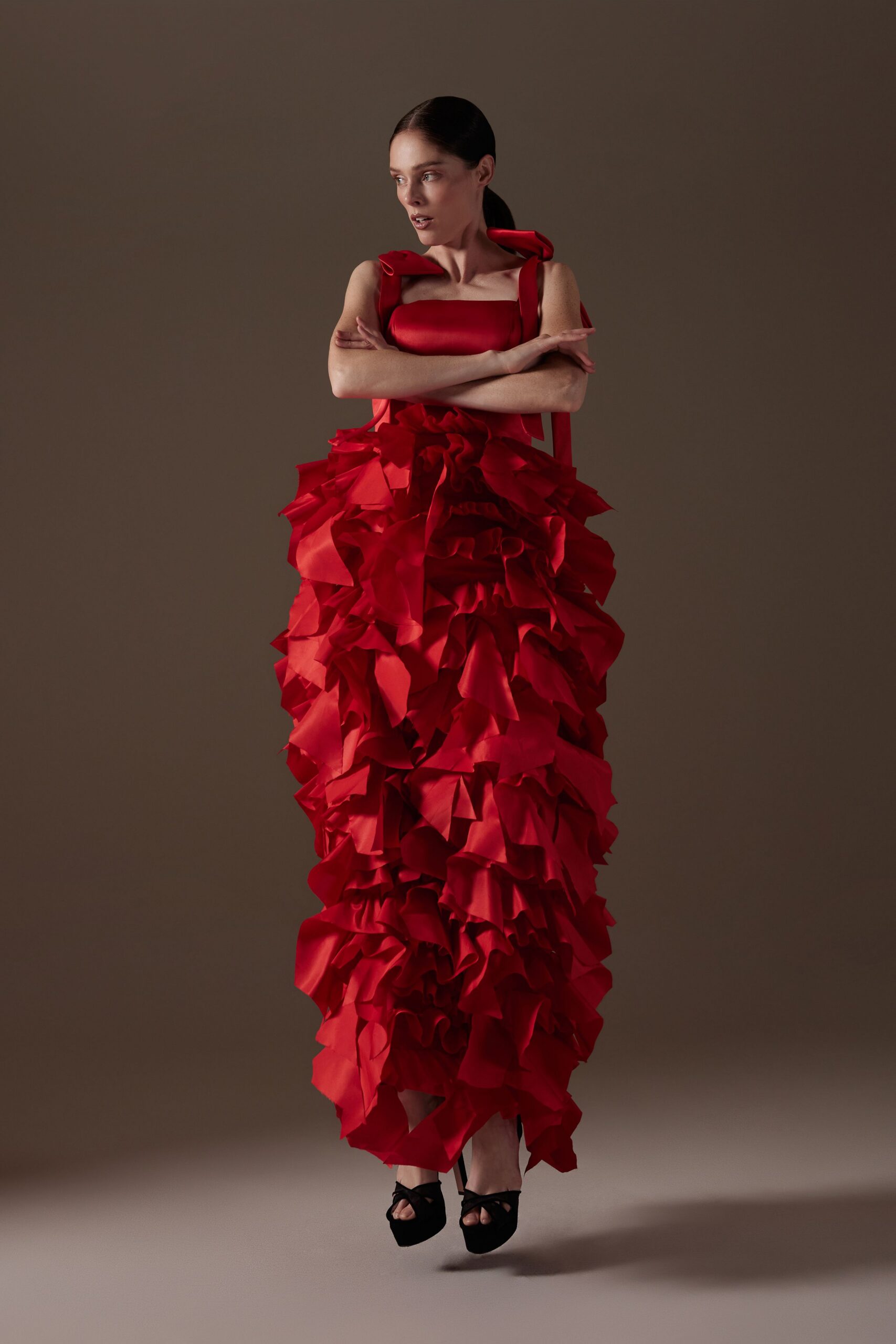 red silk sleeveless fitted ruffled maxi gown