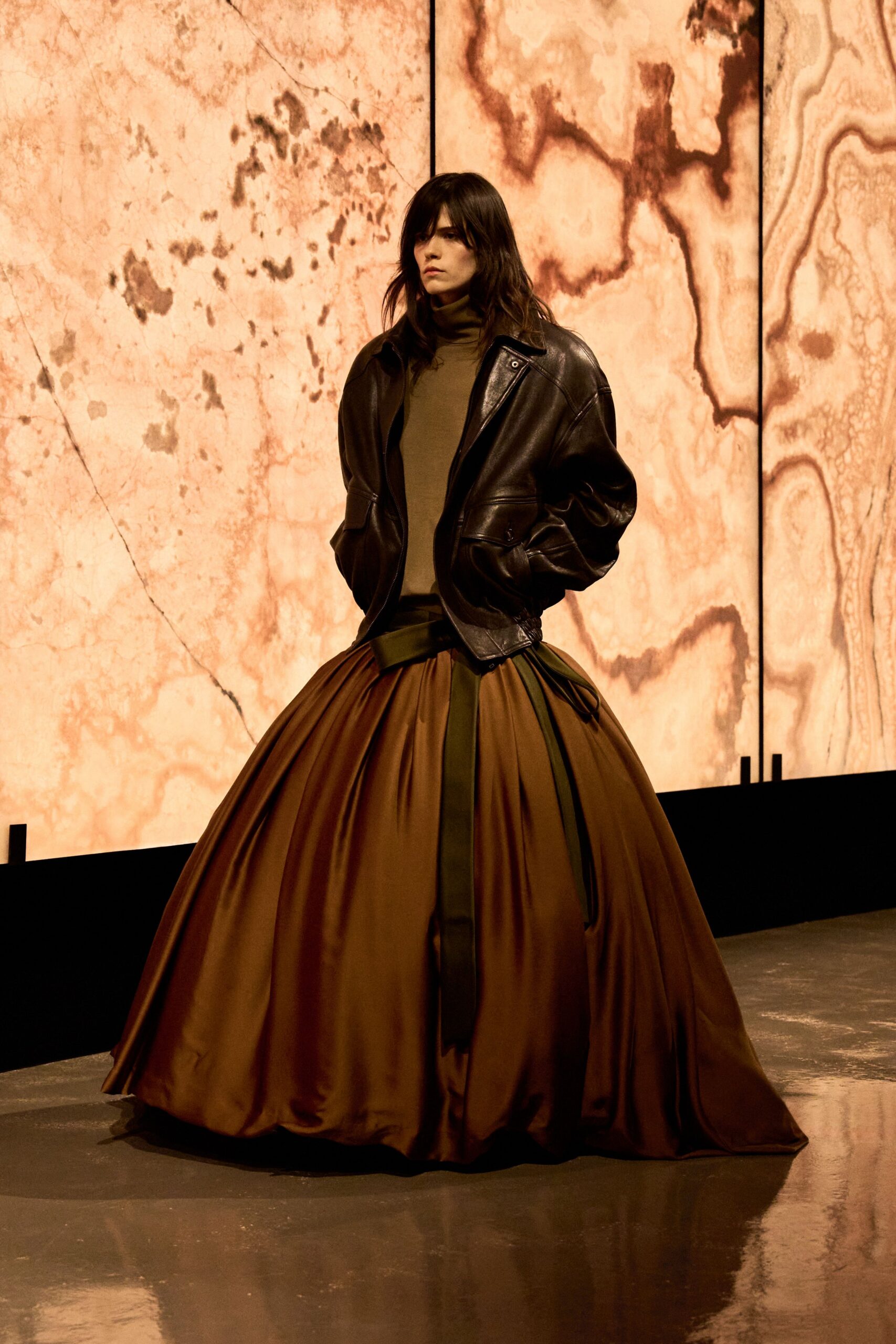 brown silk relaxed tiered maxi skirt
