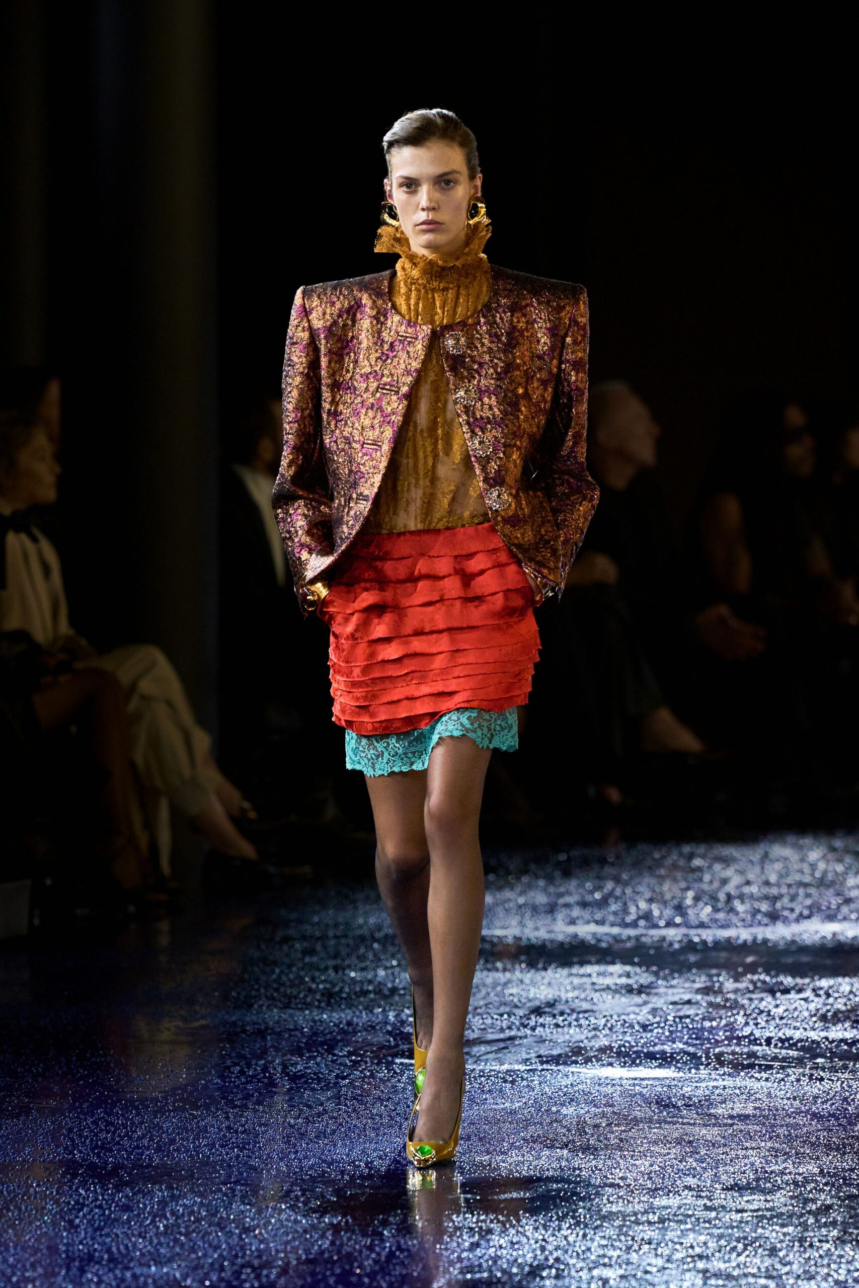 purple silk long-sleeve collared structured embroidered buttoned jacket