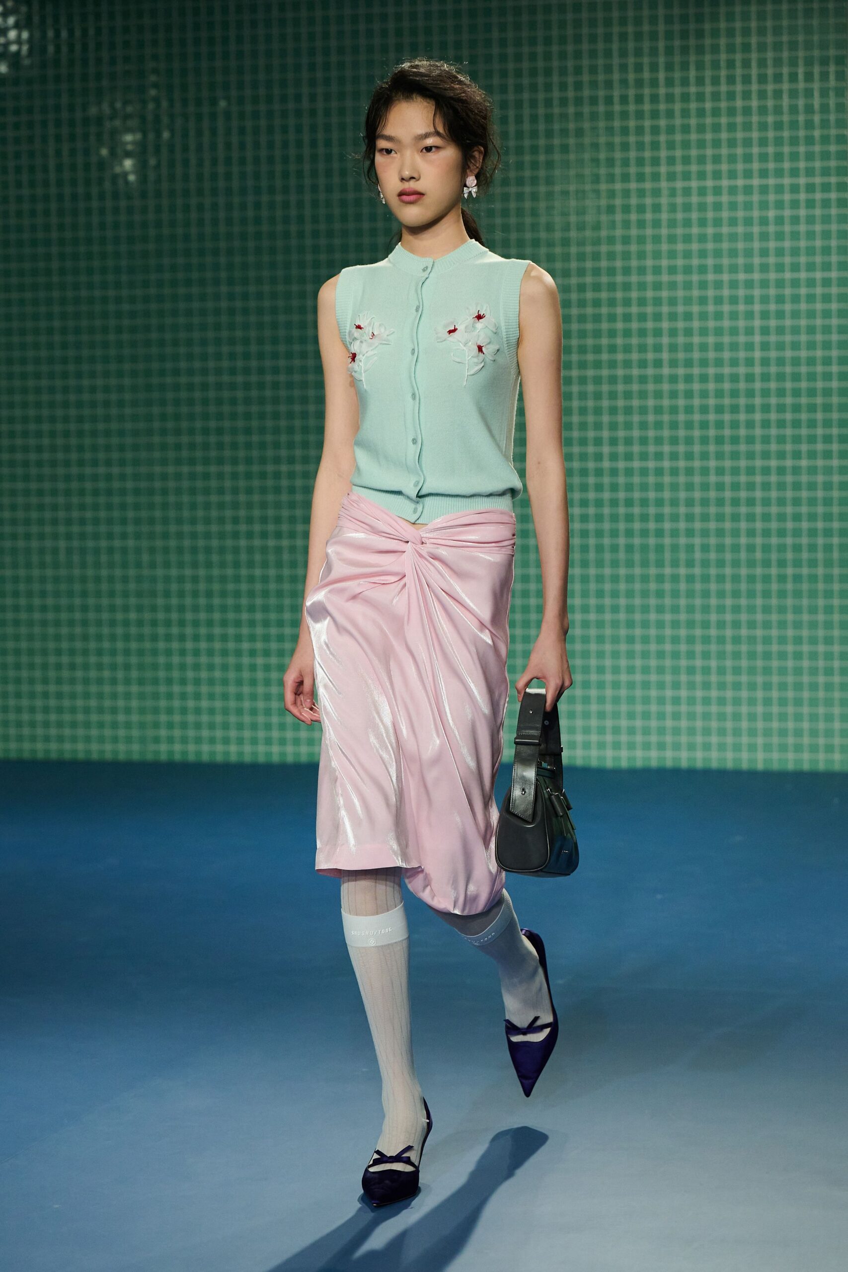 light blue fitted top with pink midi skirt