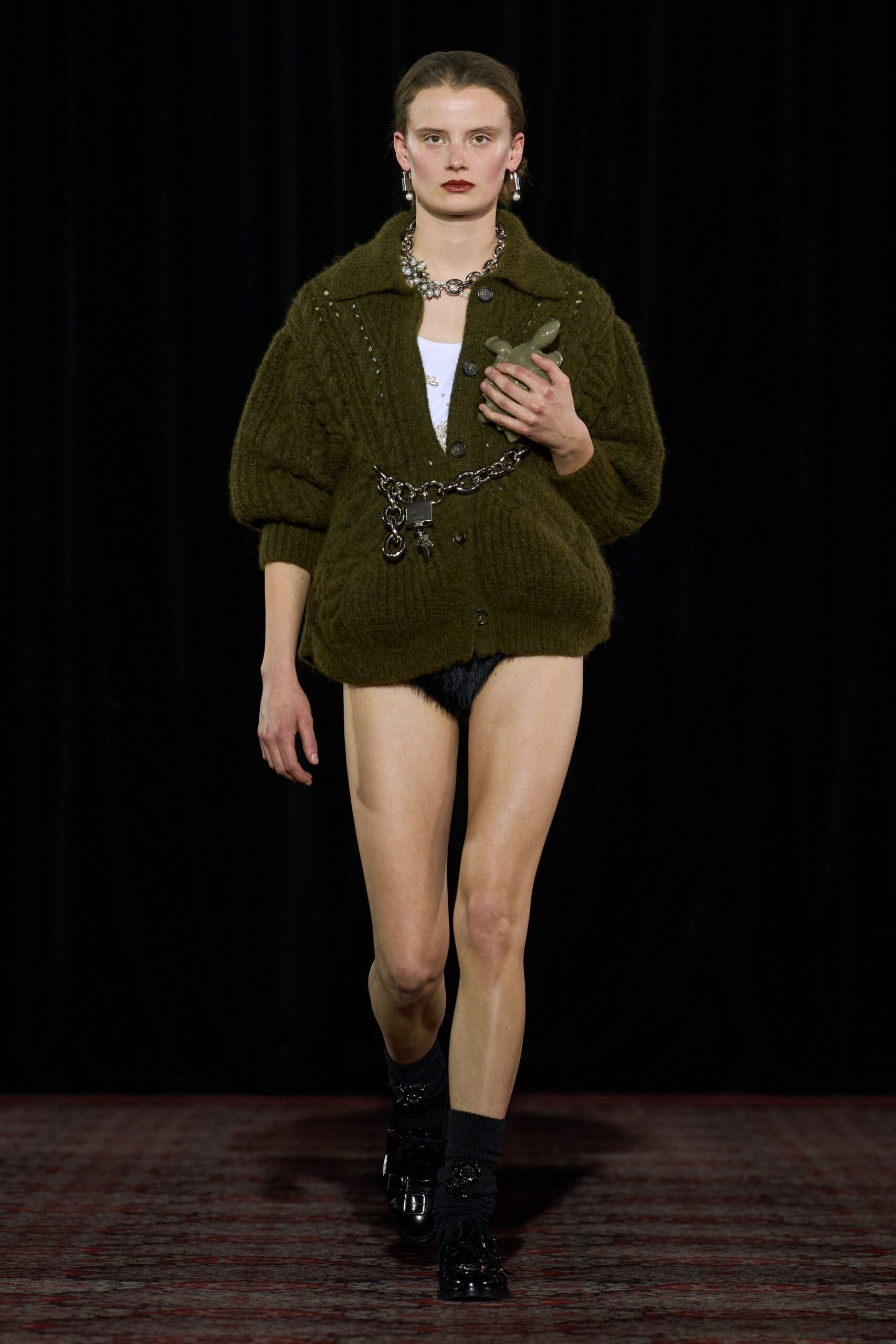 green wool long-sleeve collared relaxed cardigan