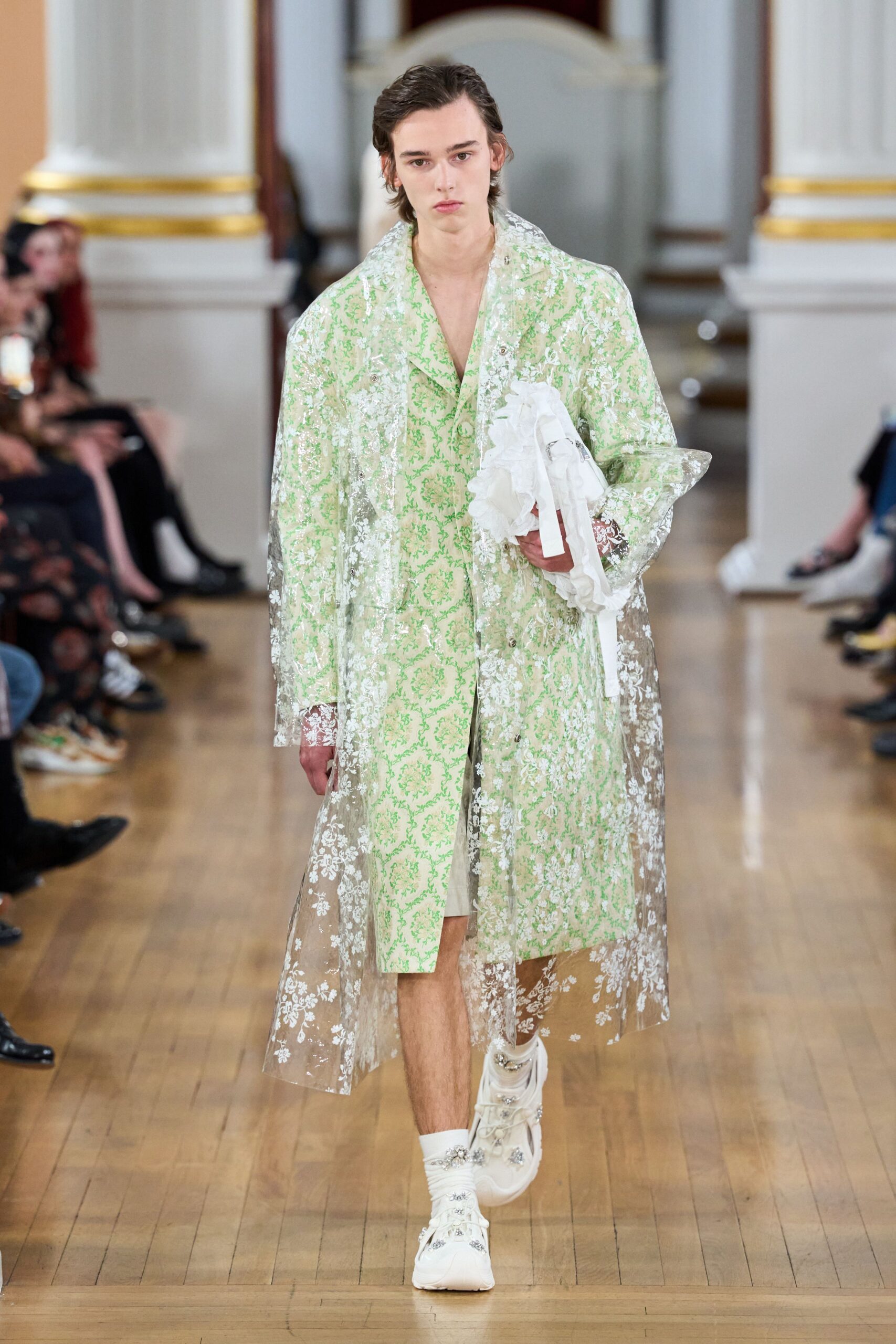 green silk long-sleeve collared relaxed floral coat