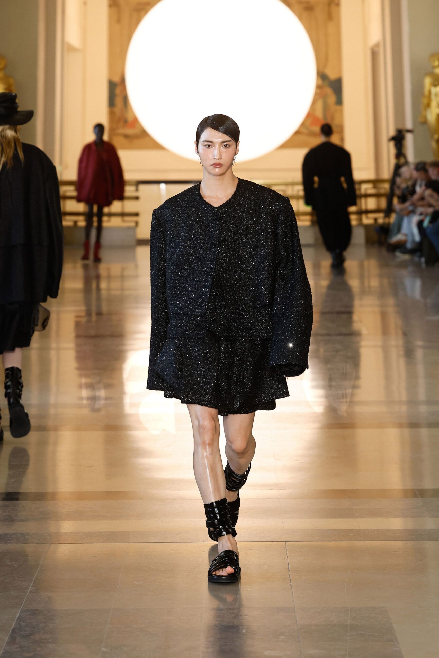 black silk long-sleeve collared oversized layered shiny dress