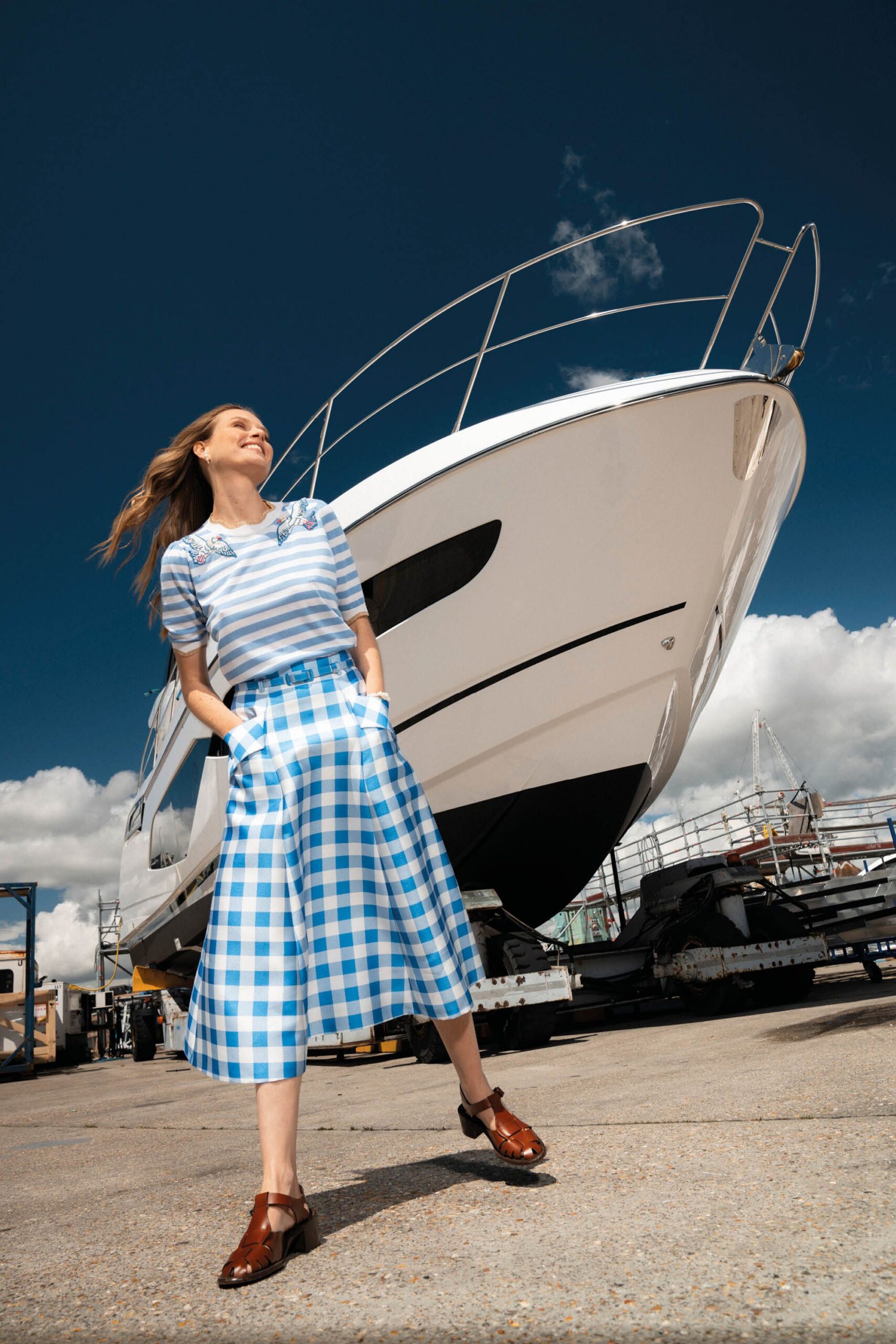 blue and white checked culottes with striped top