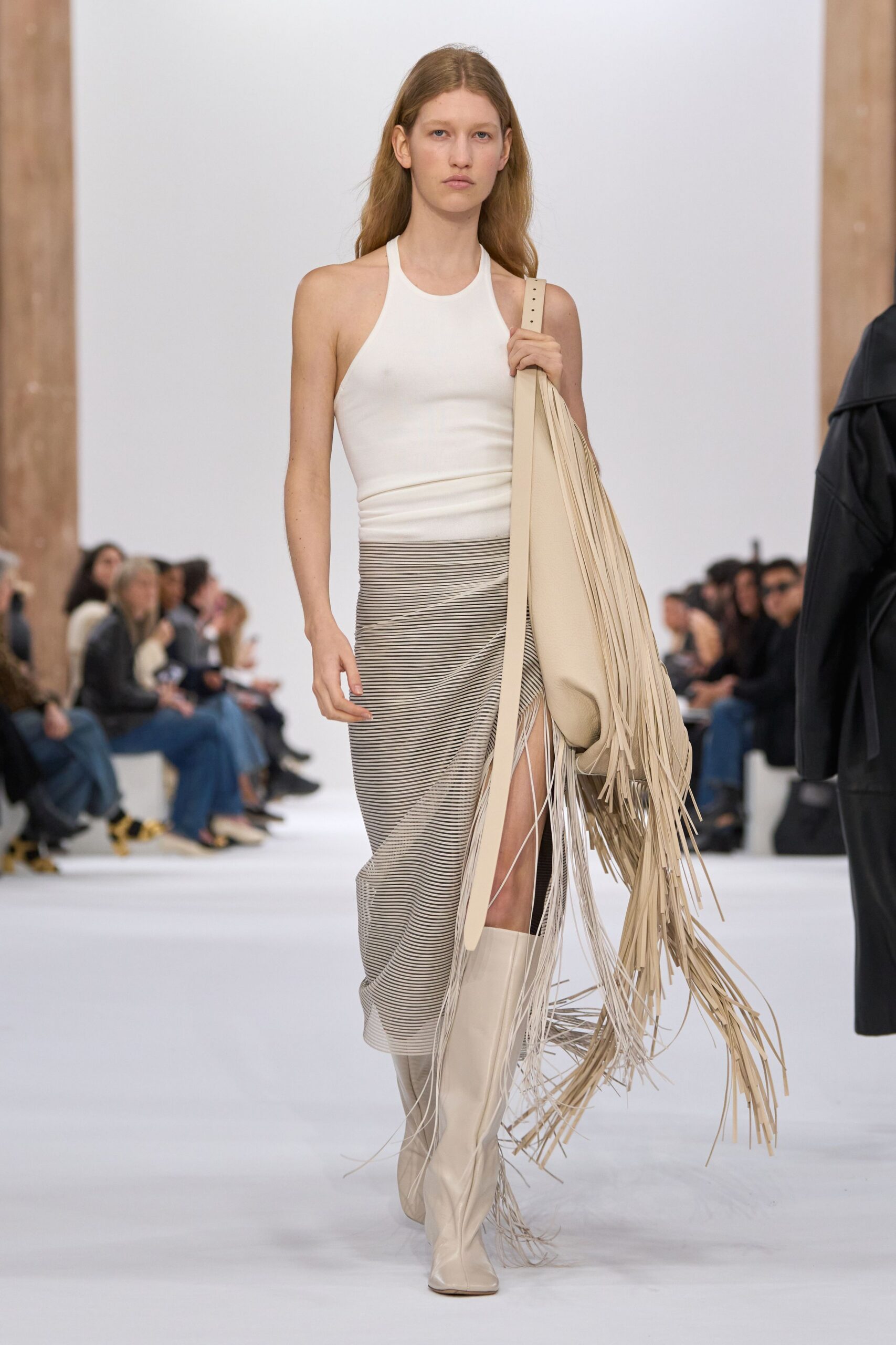 gray metallic slit fitted high-waisted pleated shiny skirt