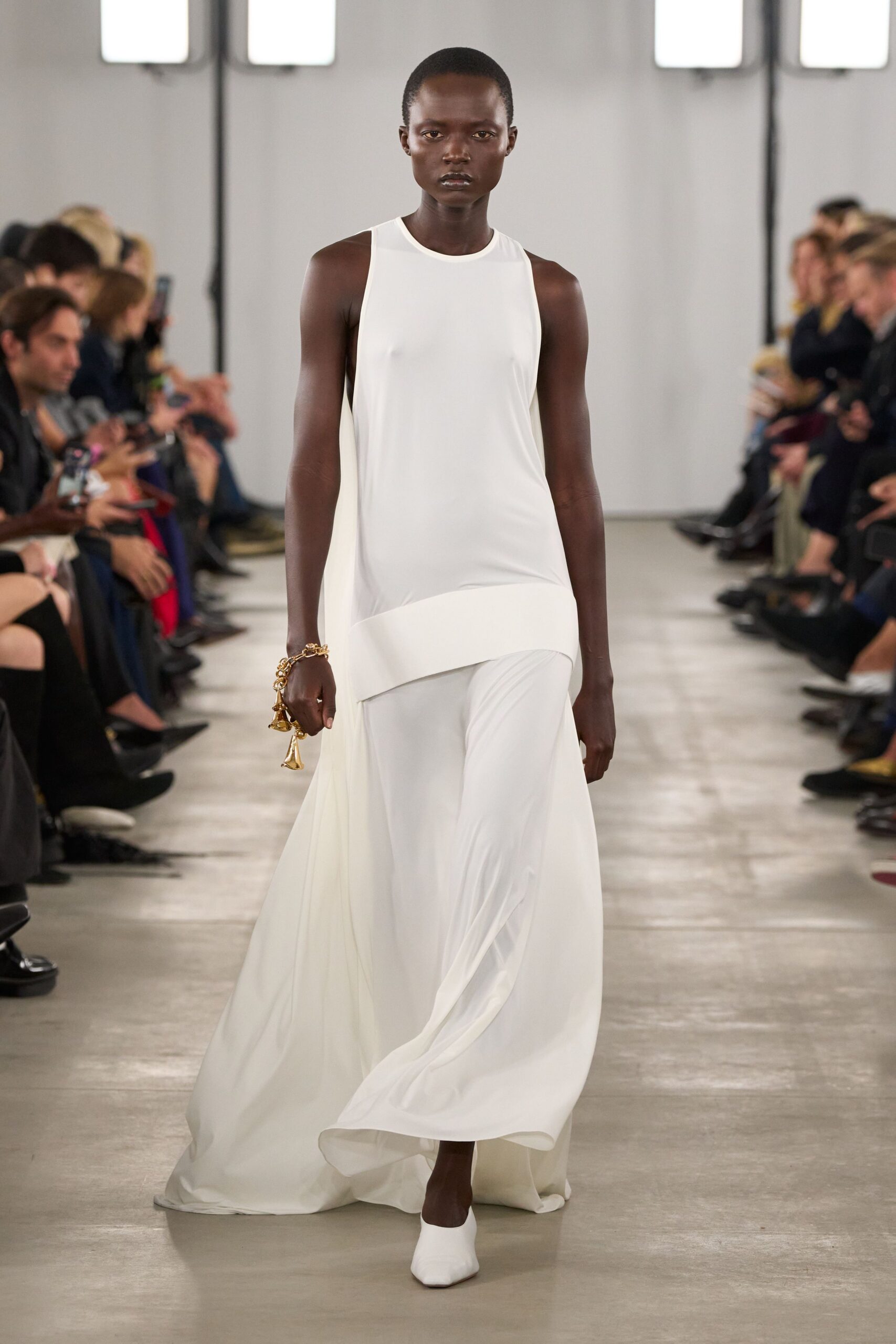 white flowing maxi dress with shoes