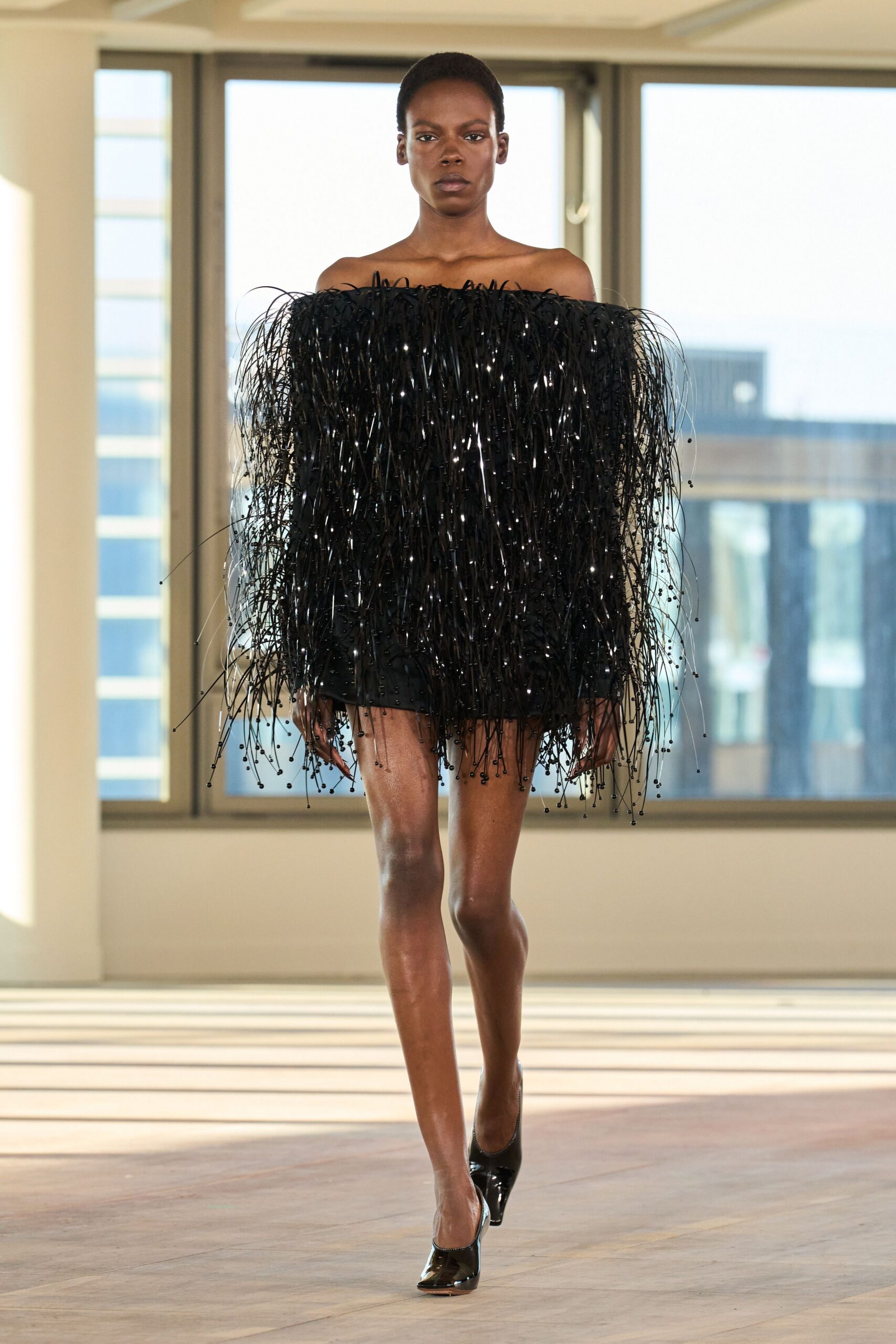 black silk sleeveless off-shoulder fitted fringed sequined dress