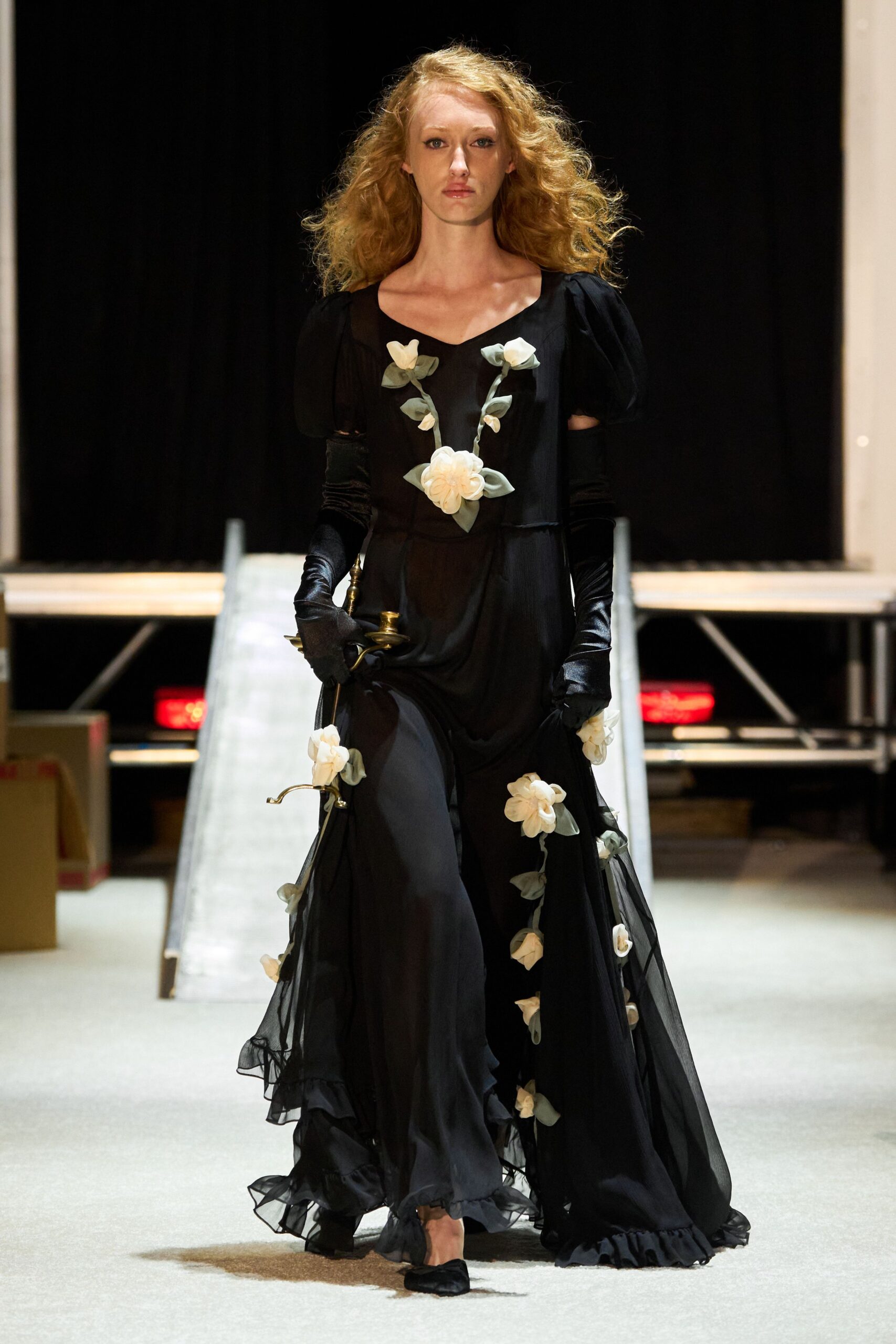 black floral gown with gloves