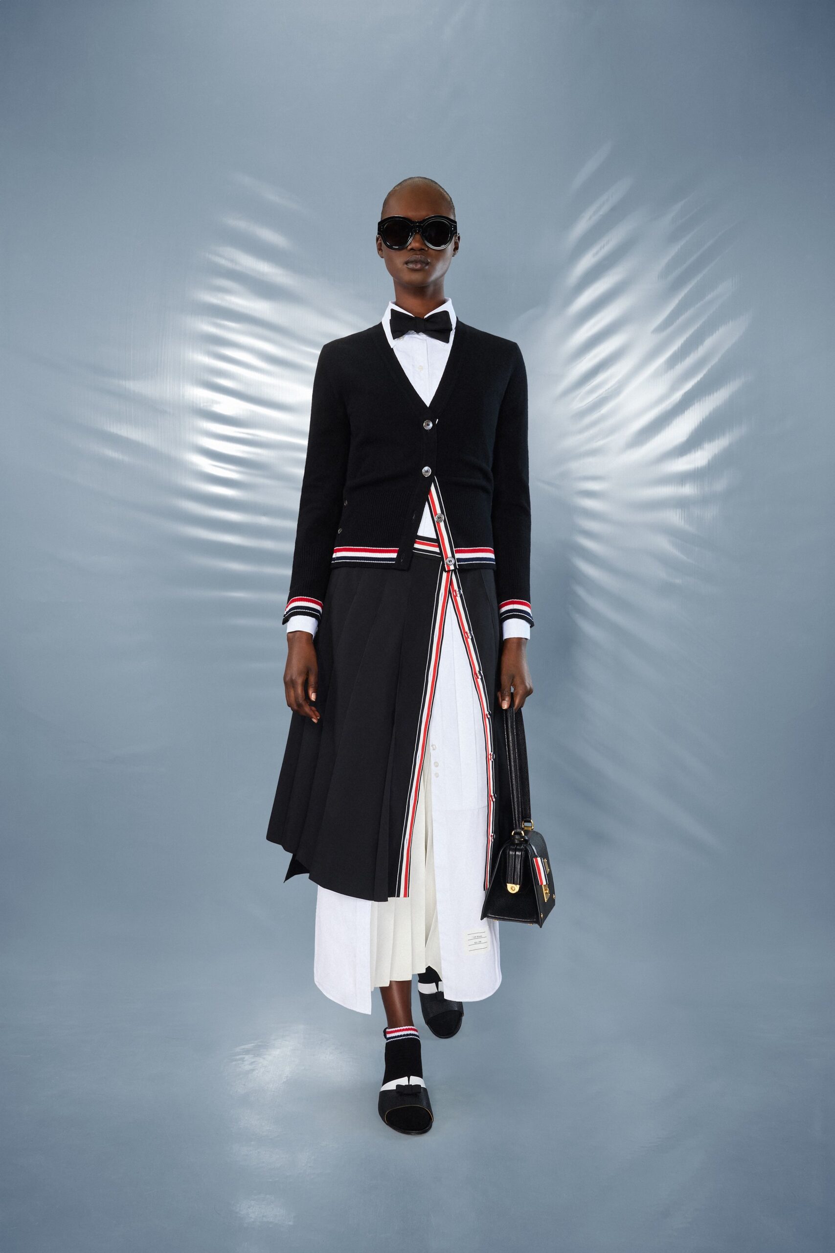 black blazer white shirt asymmetric skirt