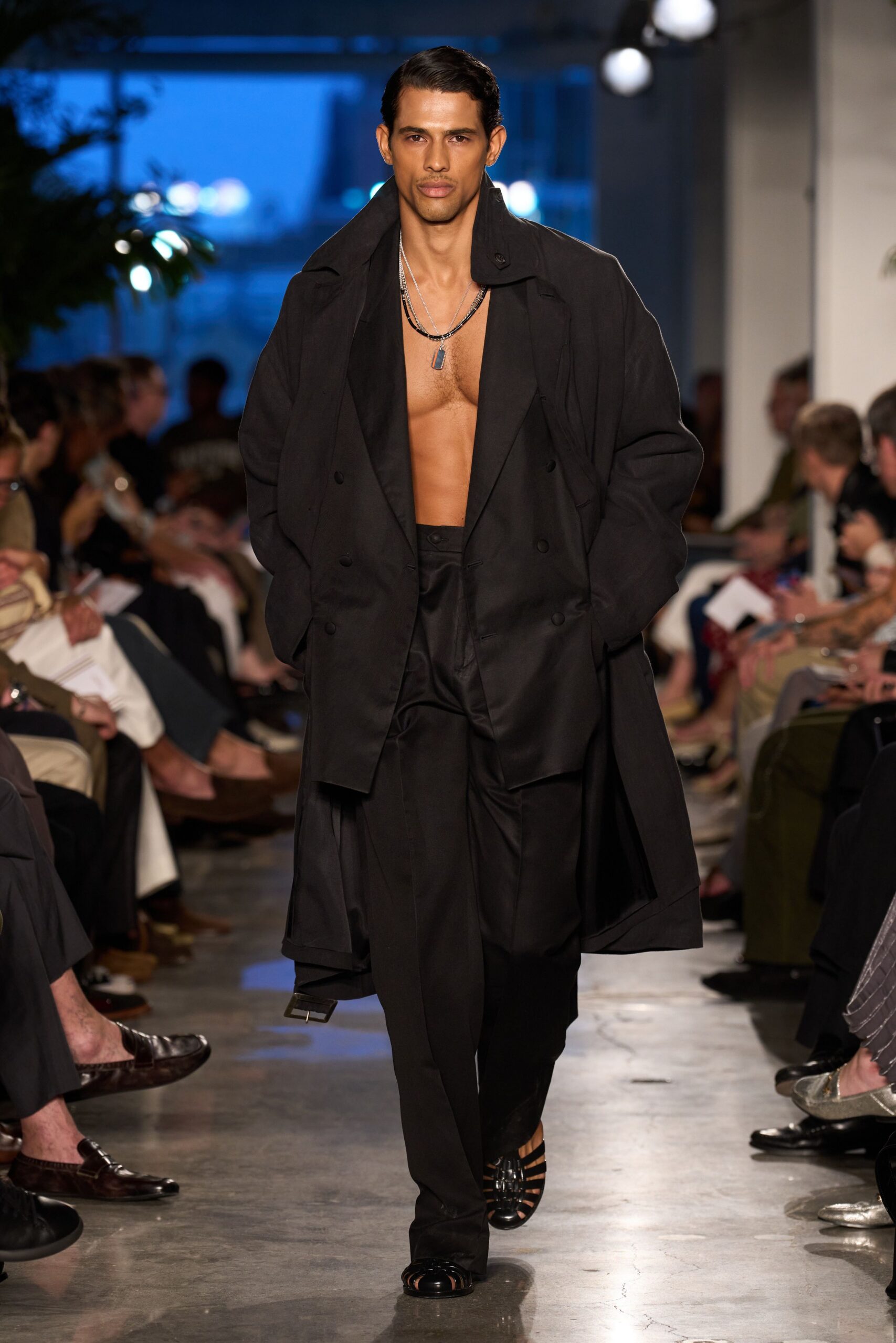 black oversized coat with tailored pants