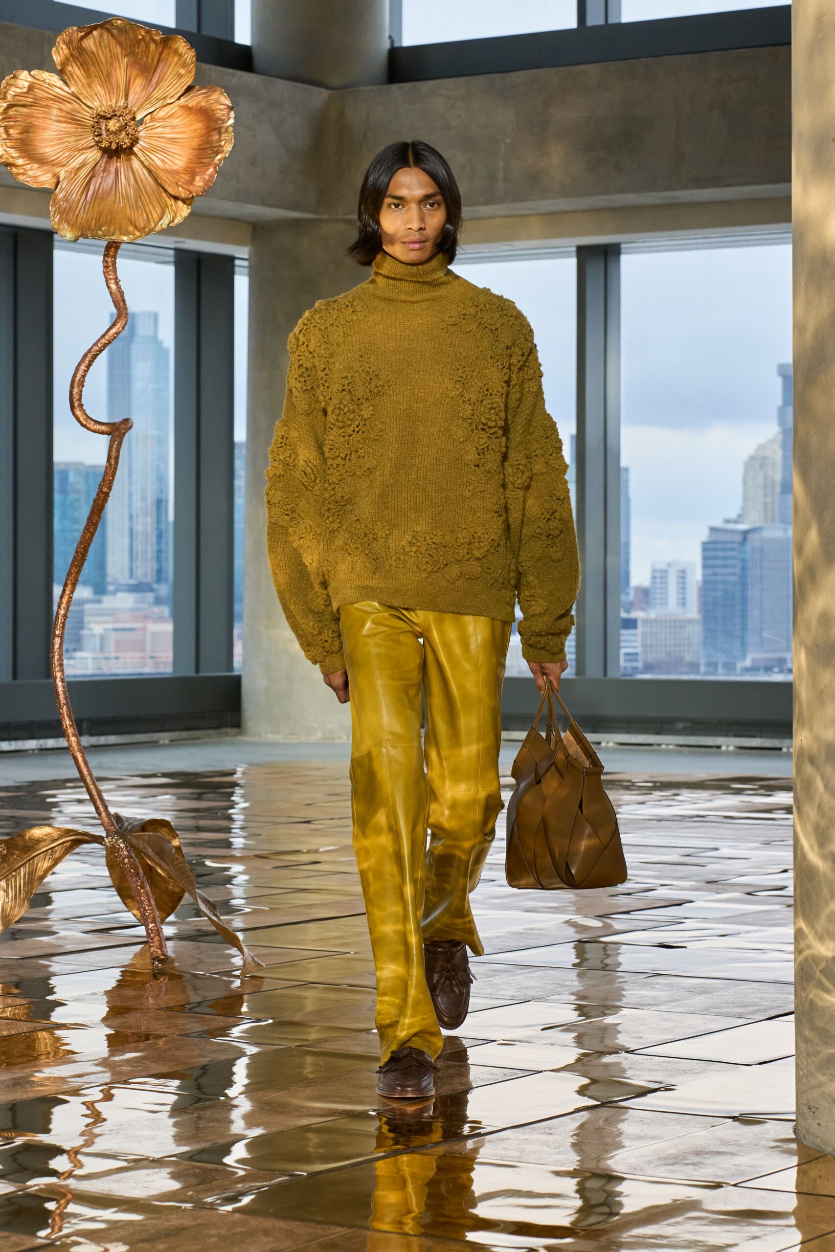 green wool long-sleeve turtleneck oversized textured sweater