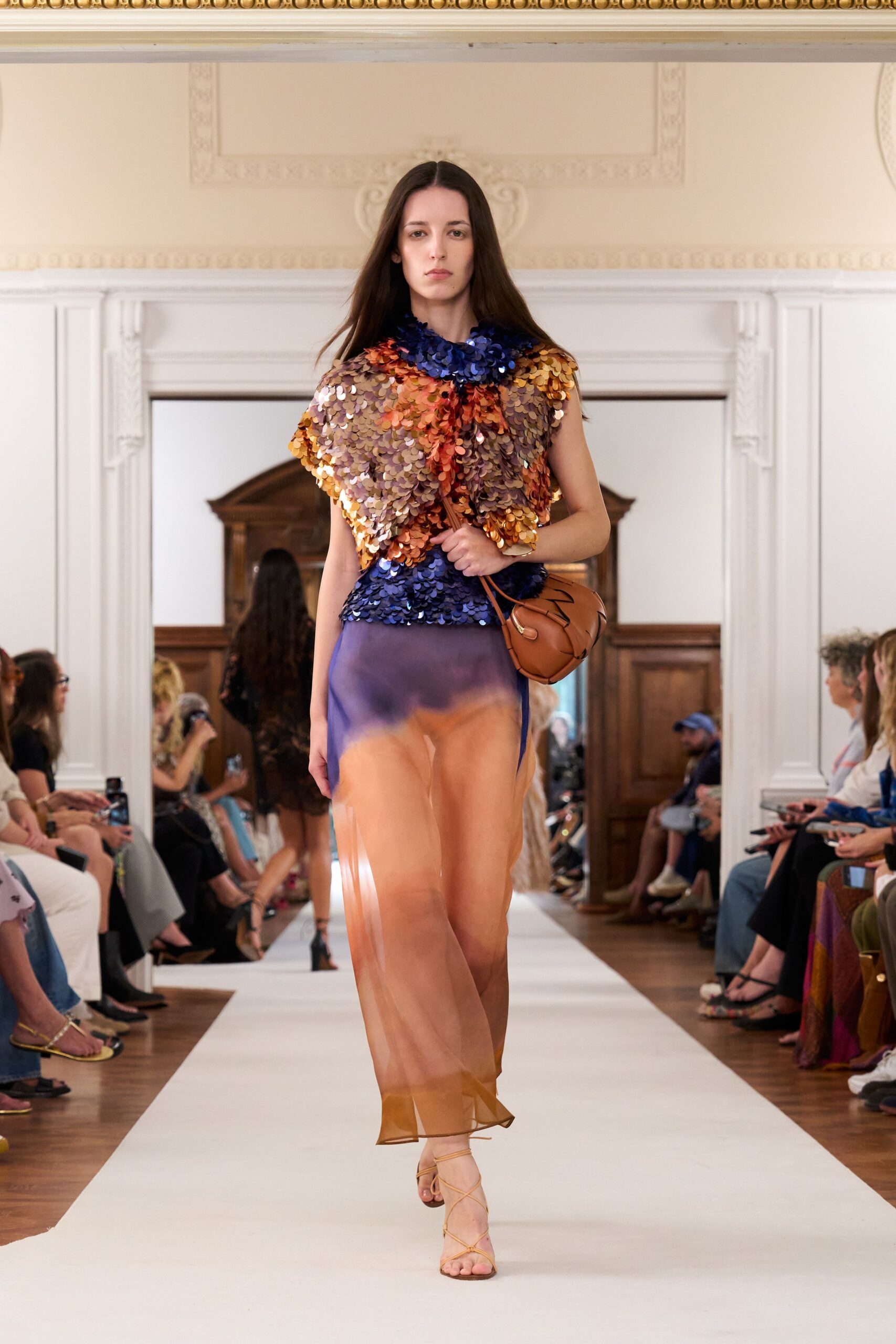 orange sequin sleeveless high-neck fitted layered shiny top