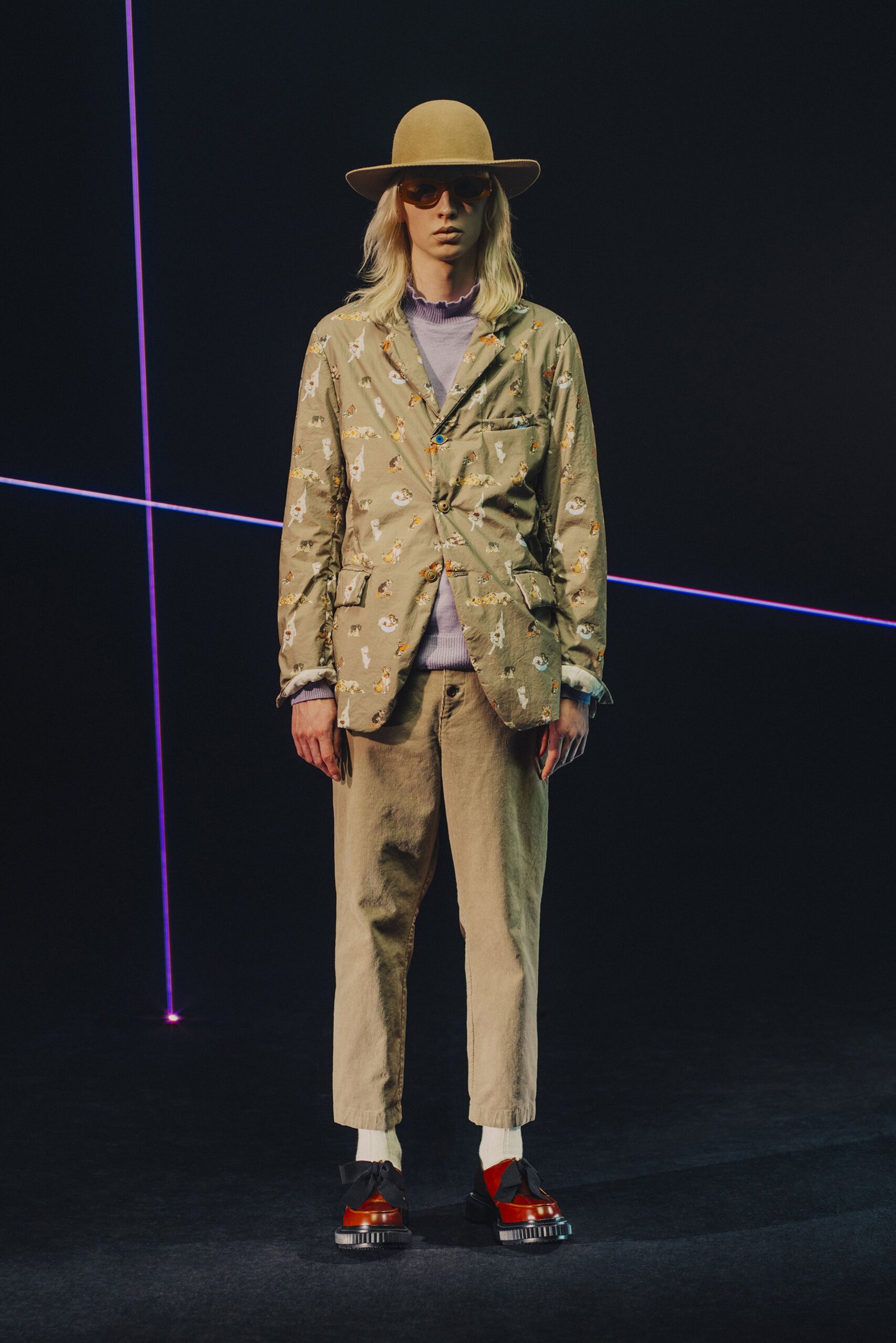 beige printed blazer with purple shirt