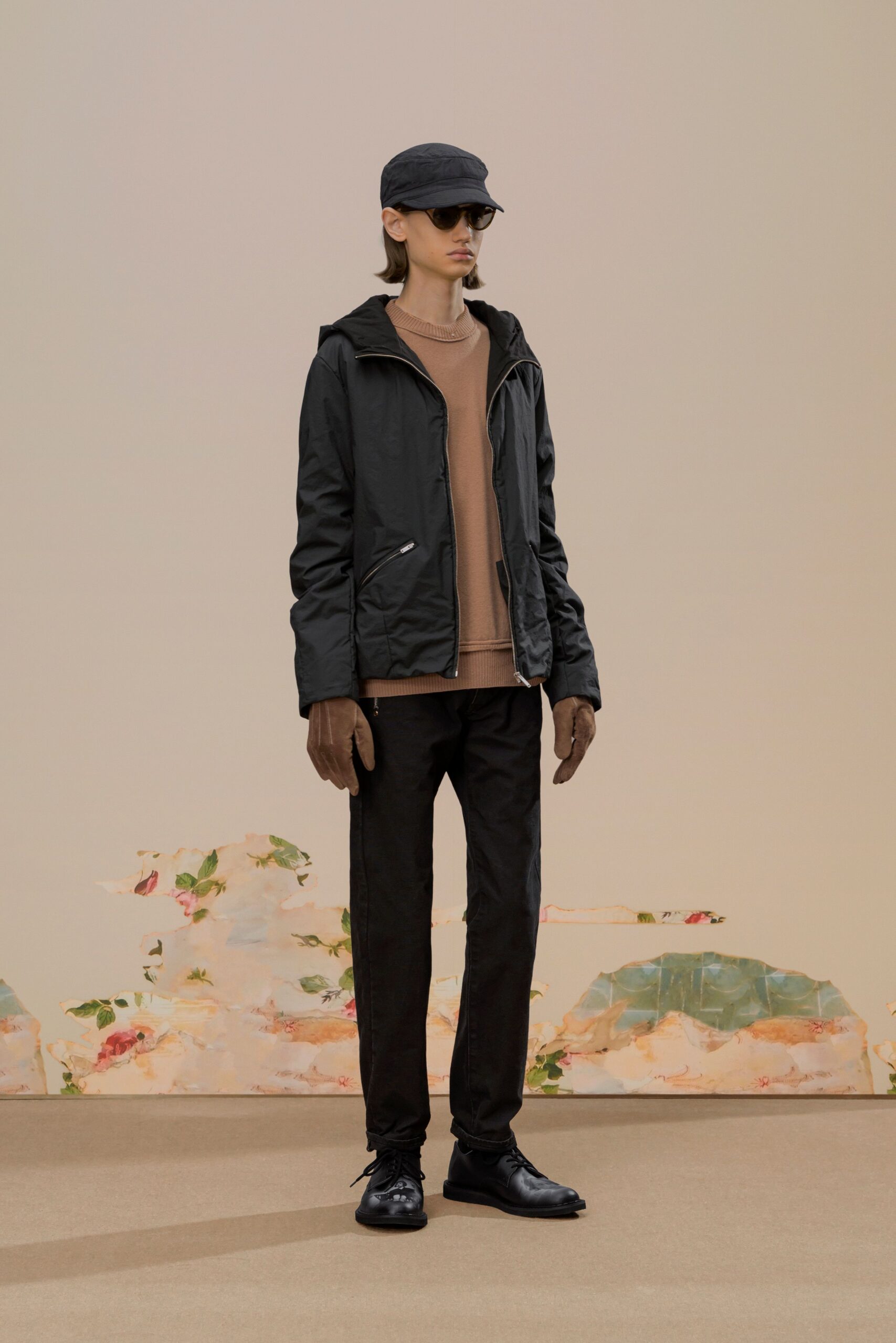 black jacket brown top slim pants