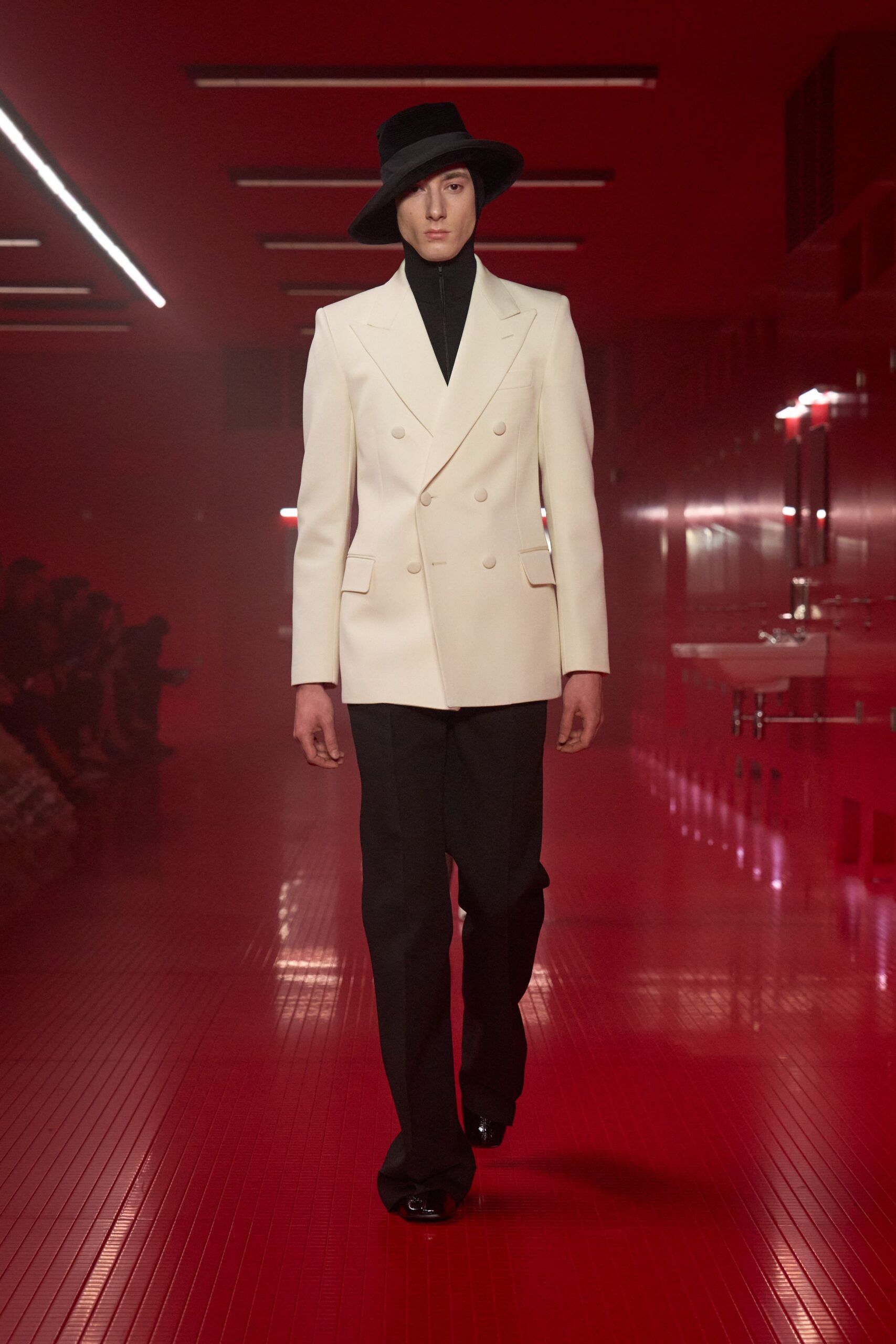 white tailored blazer with black turtleneck