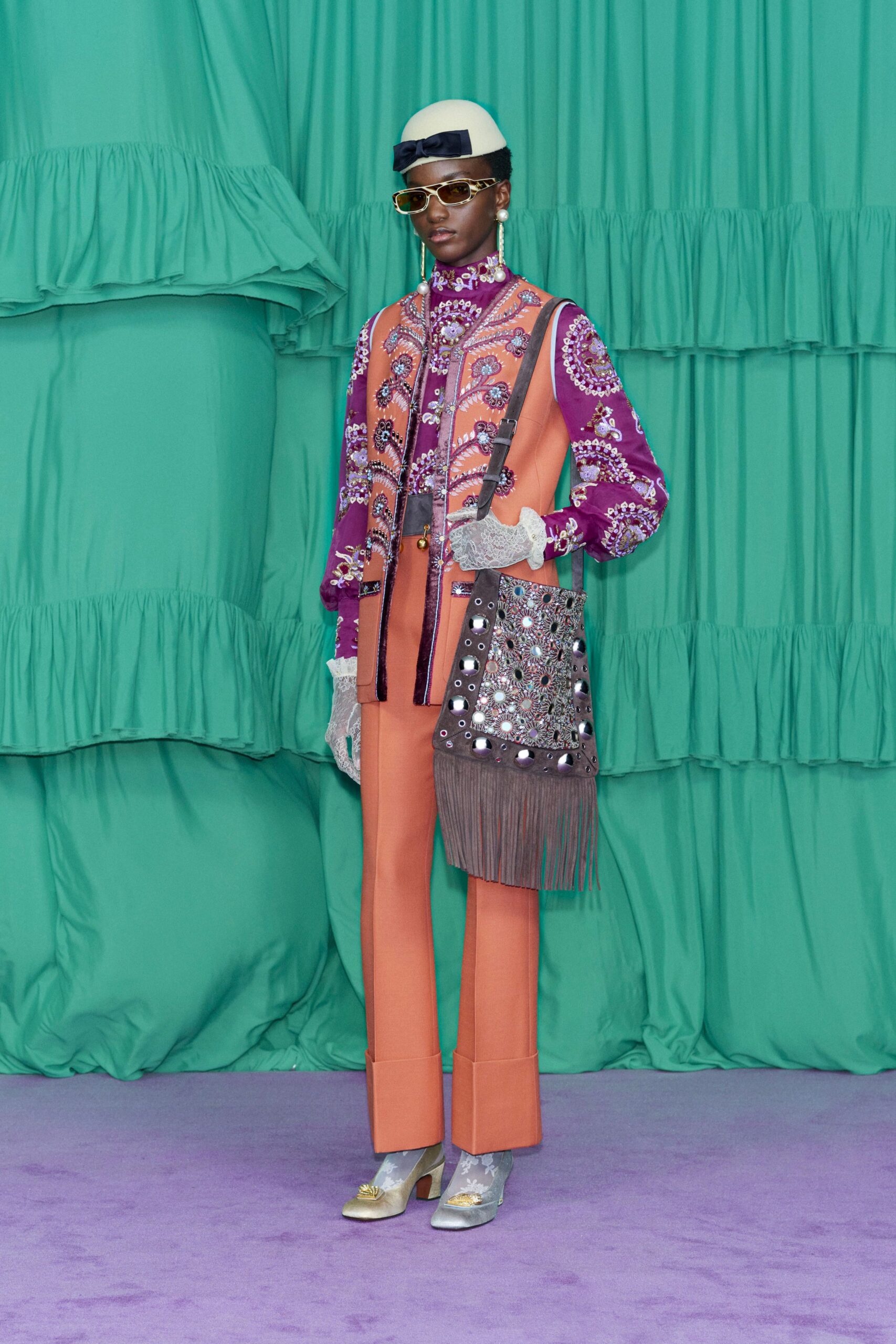 orange fitted straight-leg pants