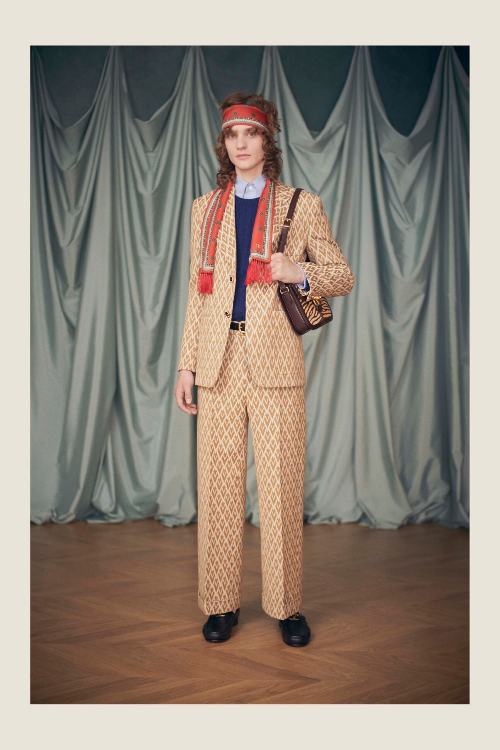 orange cotton long-sleeve collared tailored printed suit