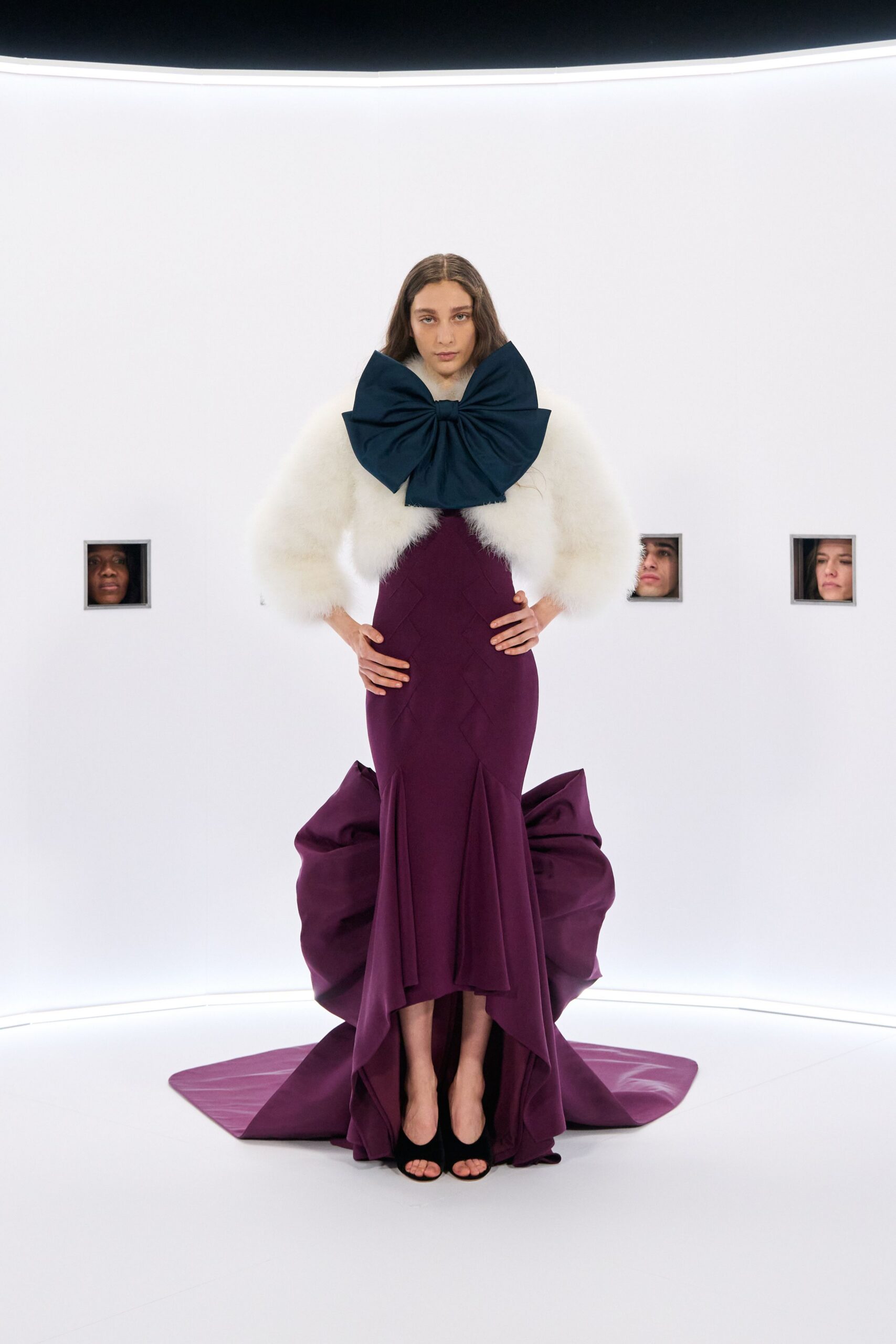 purple silk long-sleeve v-neck fitted flared tiered gown