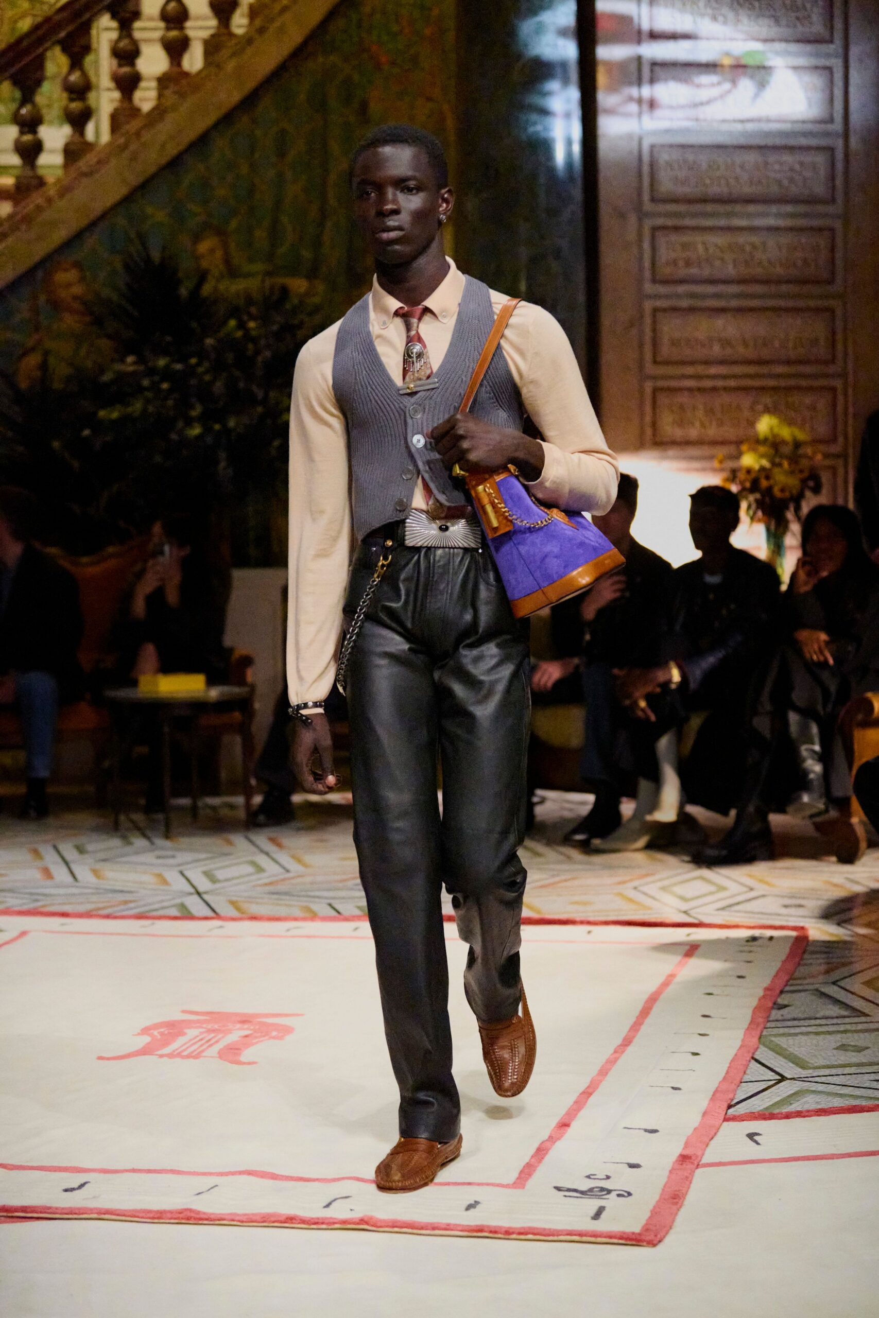 gray wool vest beige shirt black leather pants