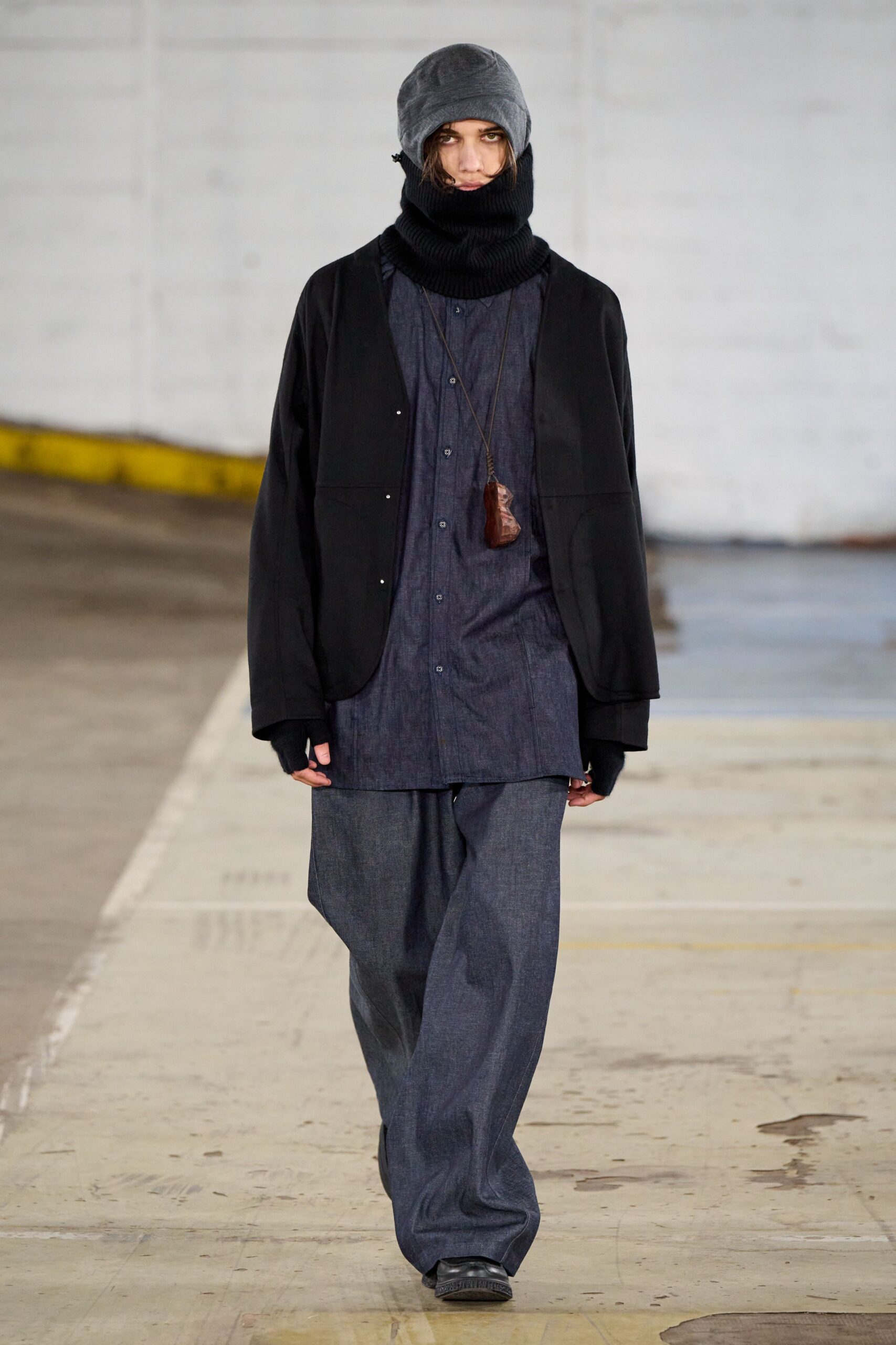 oversized black jacket with denim shirt and pants