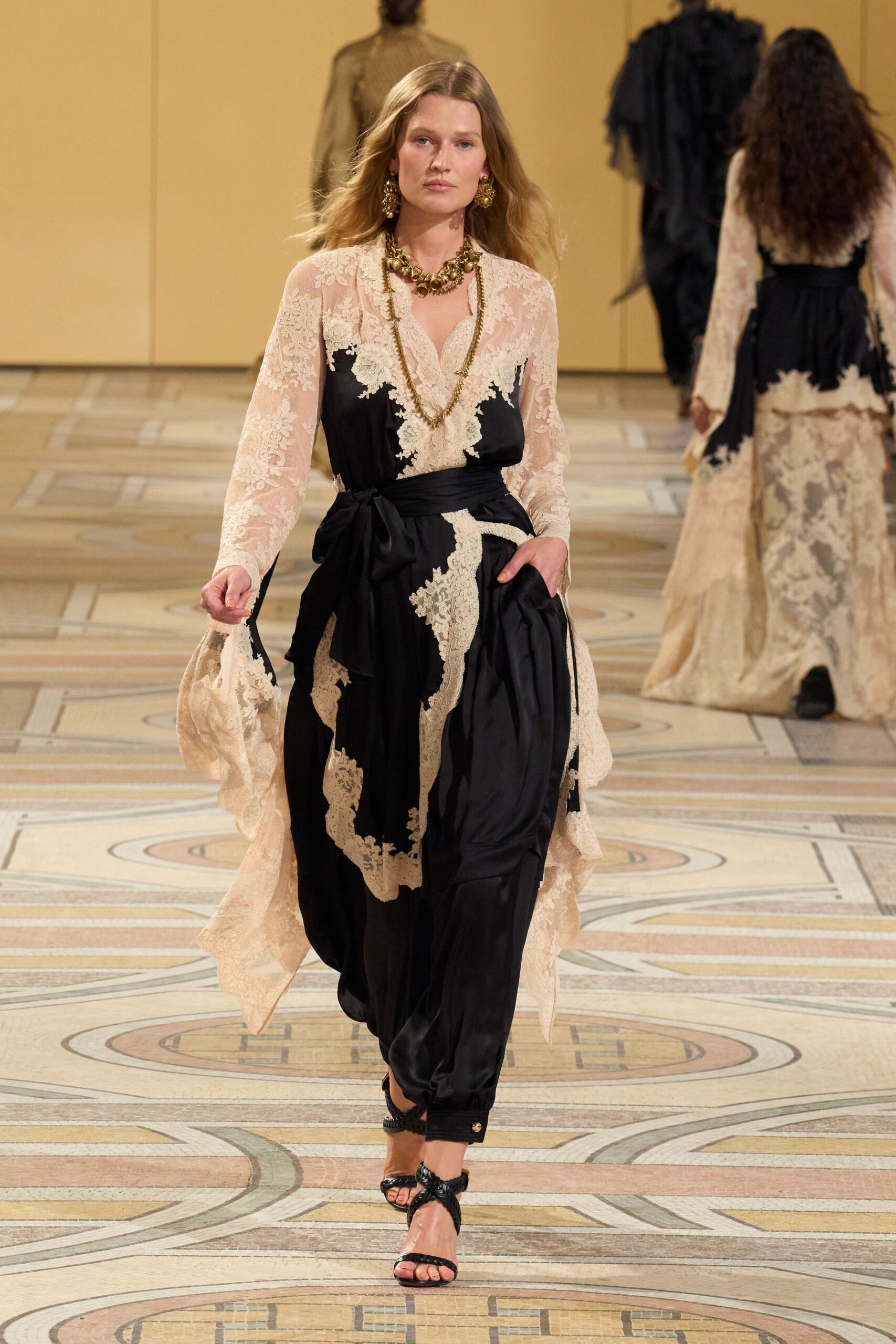 black silk long-sleeve v-neck fitted layered embroidered dress