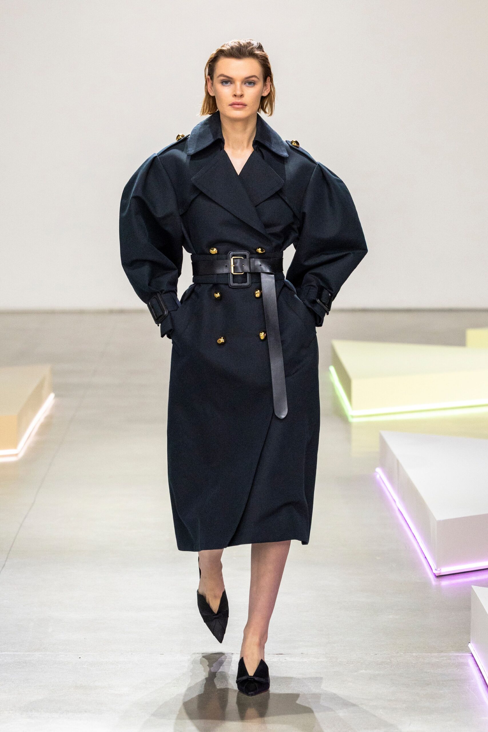 black cotton long-sleeve collared relaxed belted midi trench