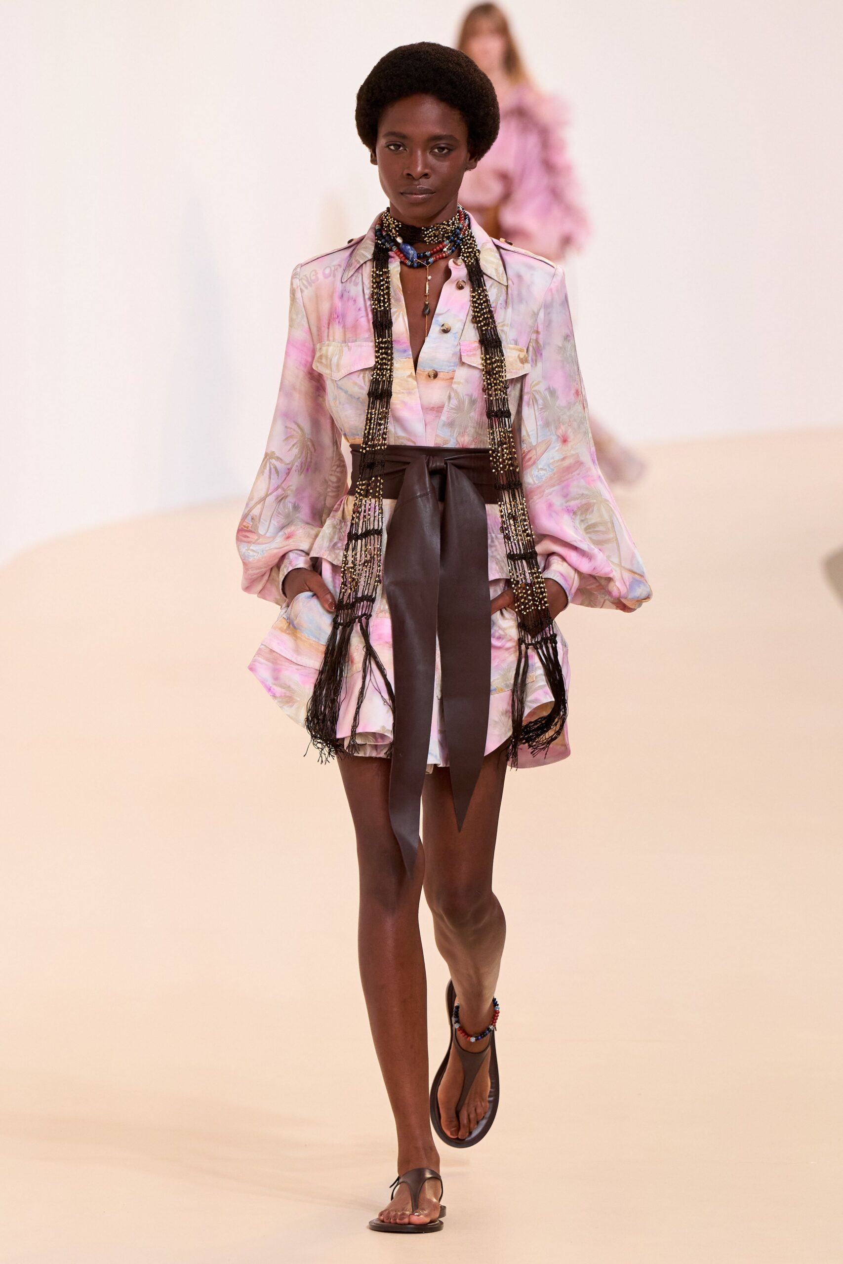 pink cotton long-sleeve collared relaxed floral buttoned shirt-dress