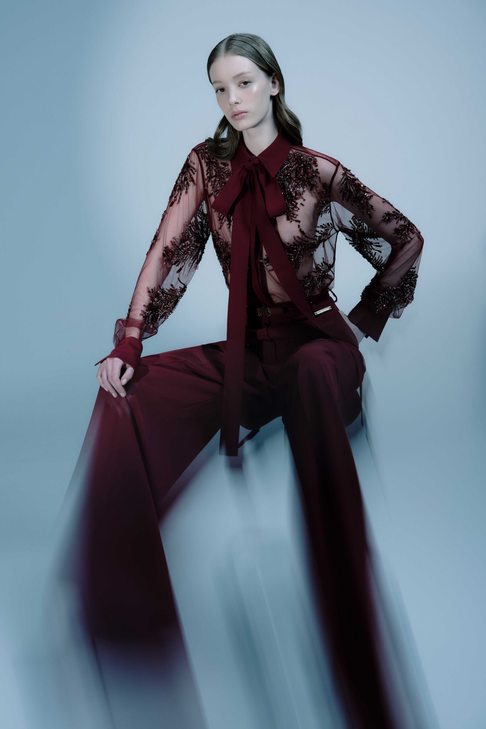 red silk long-sleeve collared fitted embroidered sheer blouse