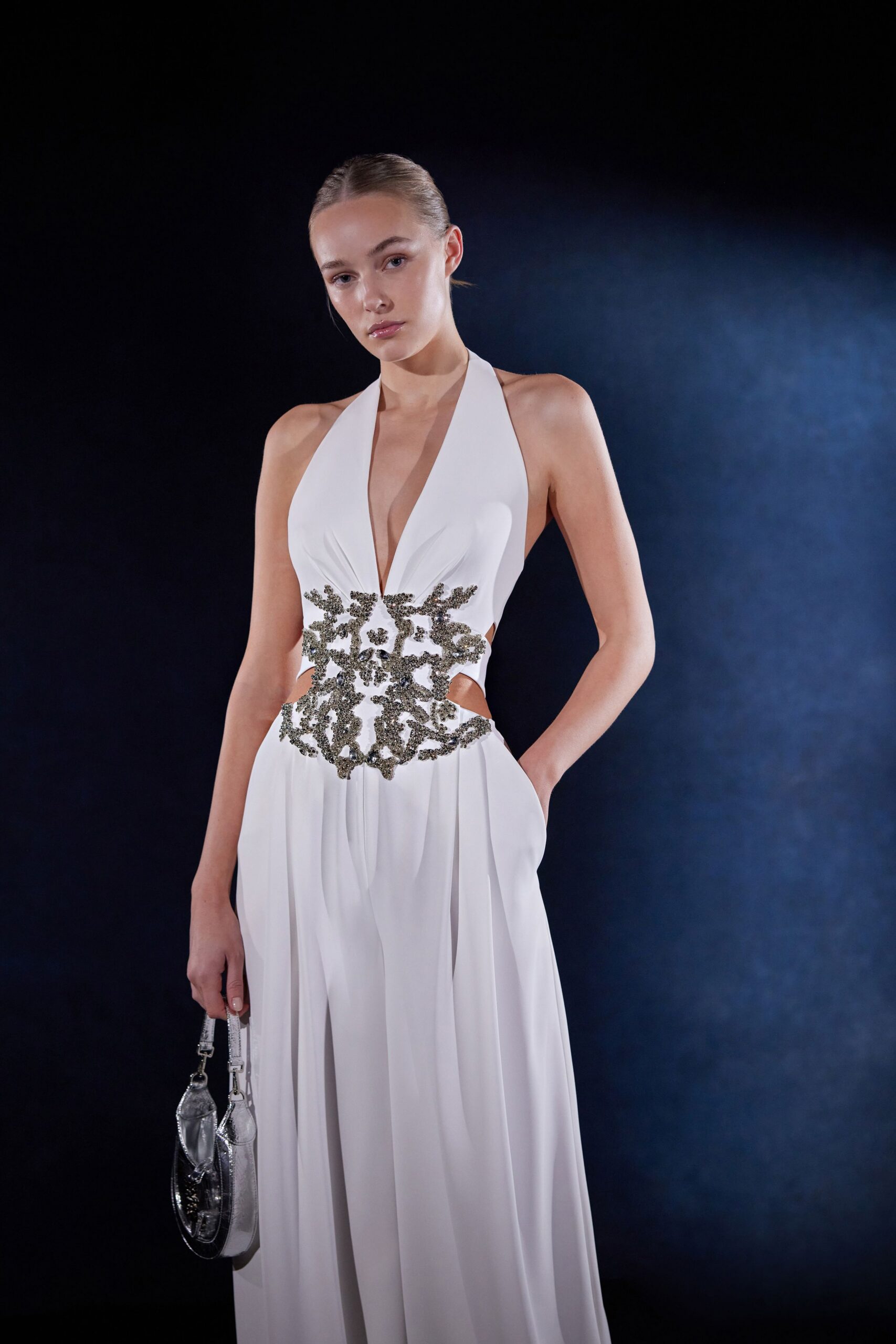 white silk sleeveless gown