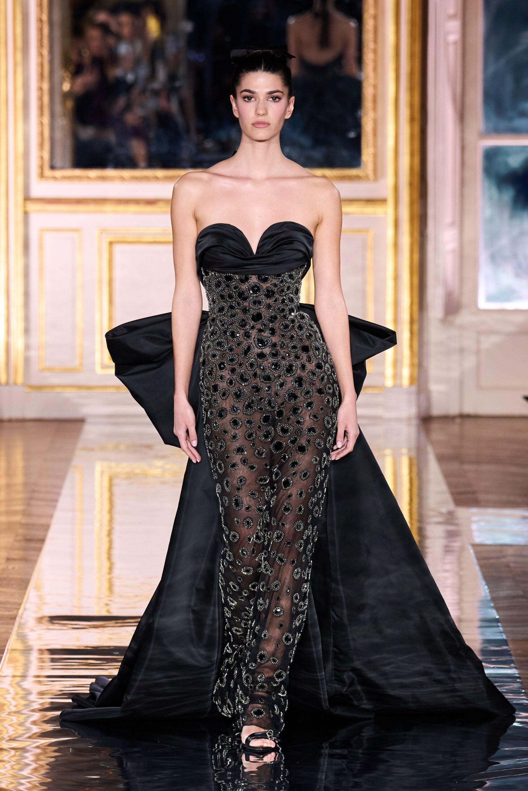 black silk strapless v-neck fitted embellished layered gown