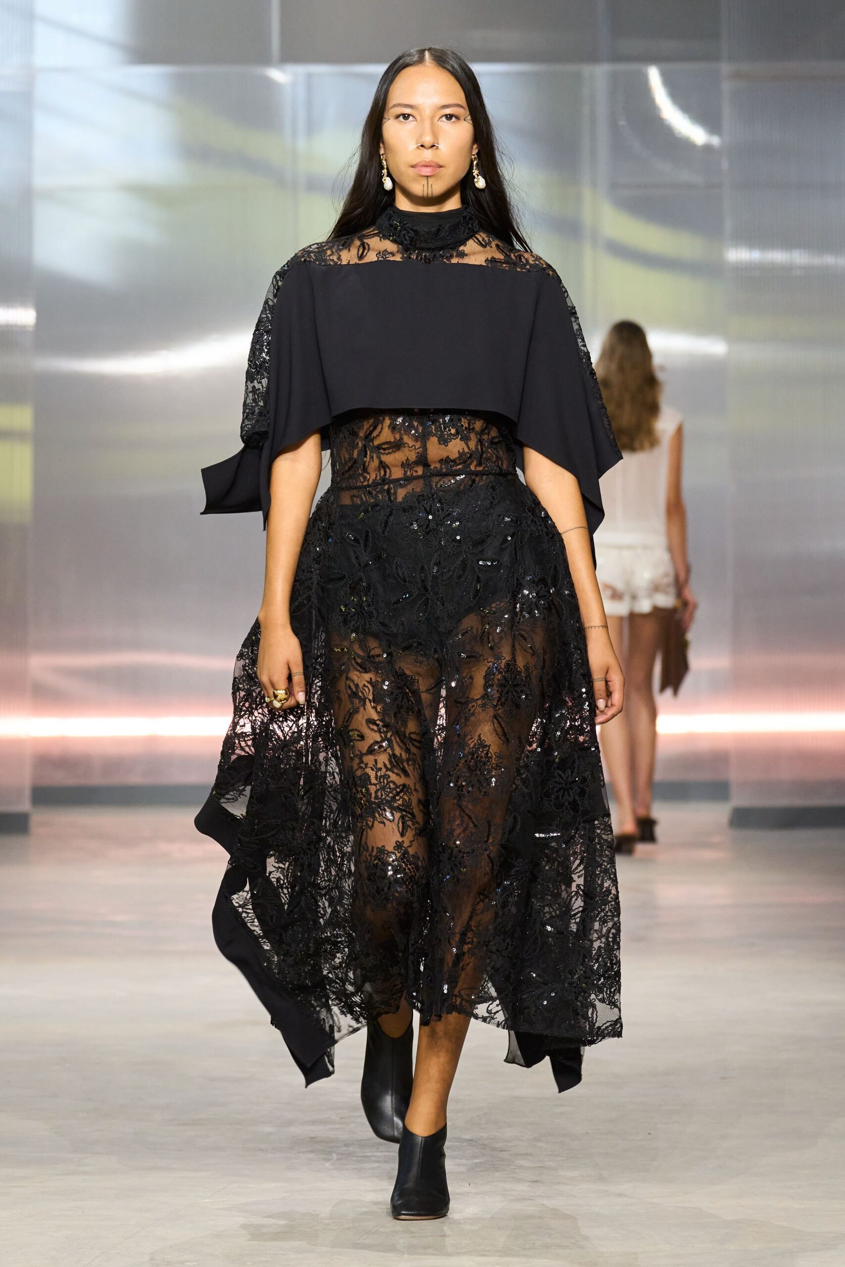black lace sleeveless high-neck fitted layered embroidered dress