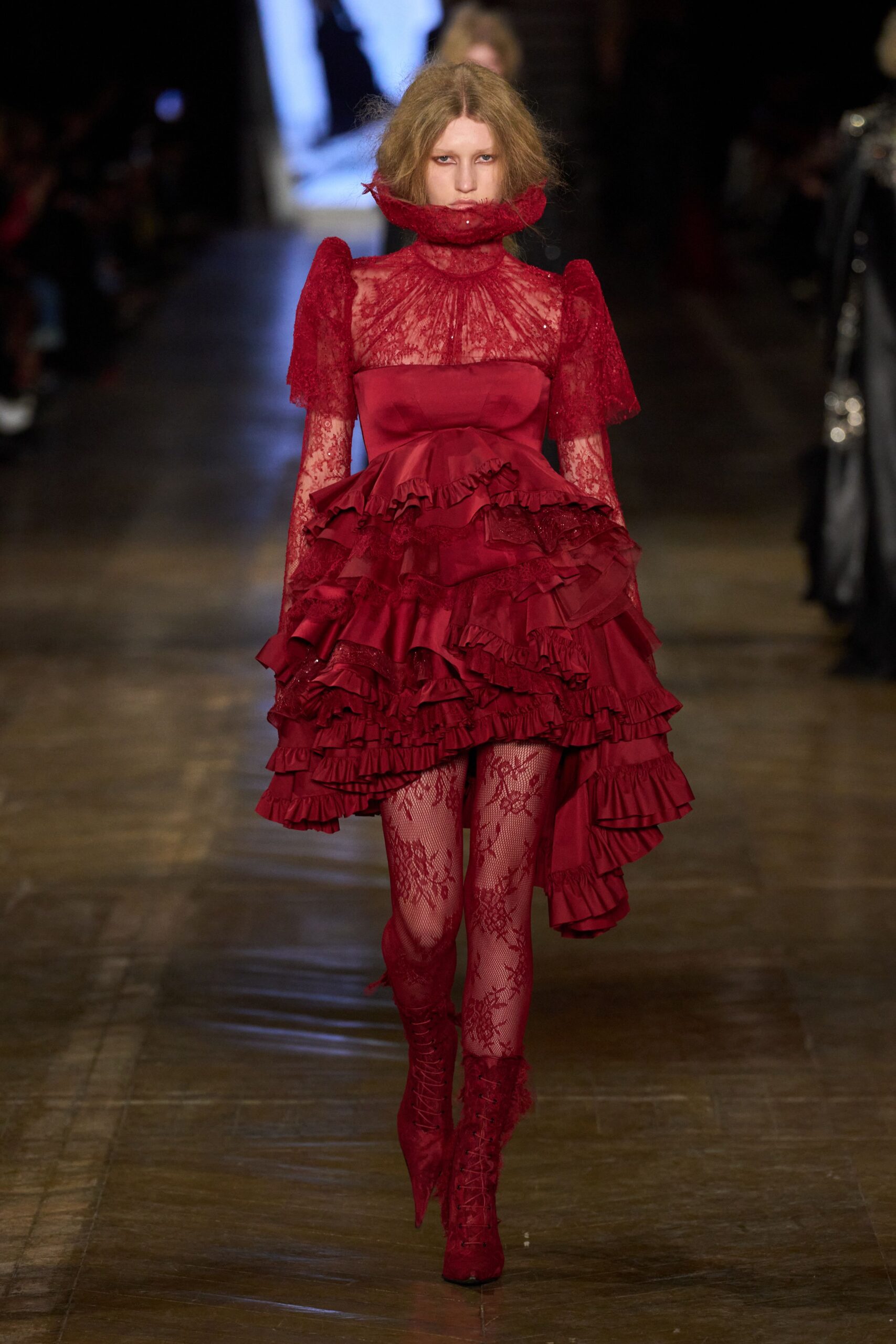 red silk short-sleeve high-neck fitted ruffled layered dress