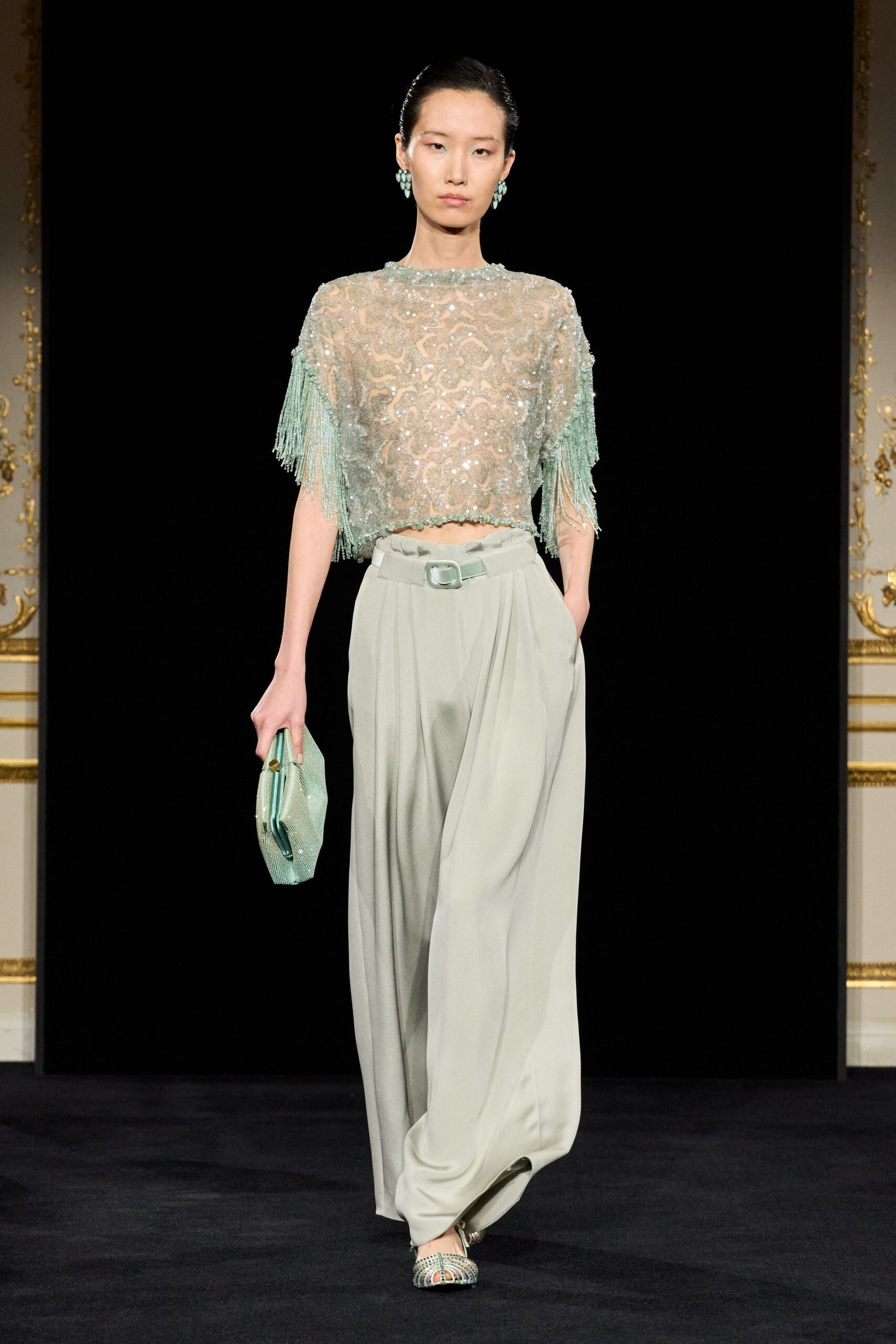green silk short-sleeve high-neck fitted fringed embroidered top