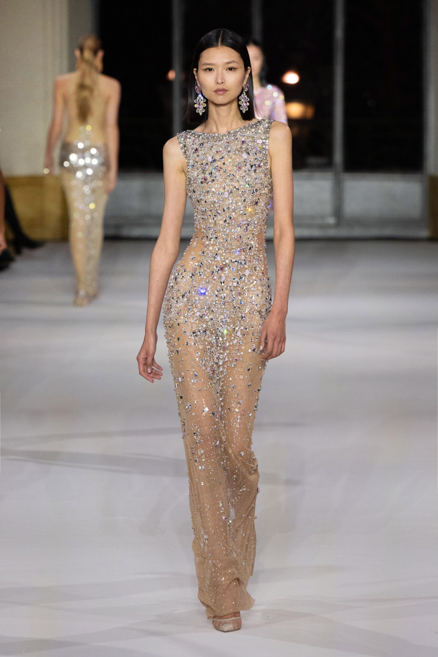 beige sequined sleeveless gown