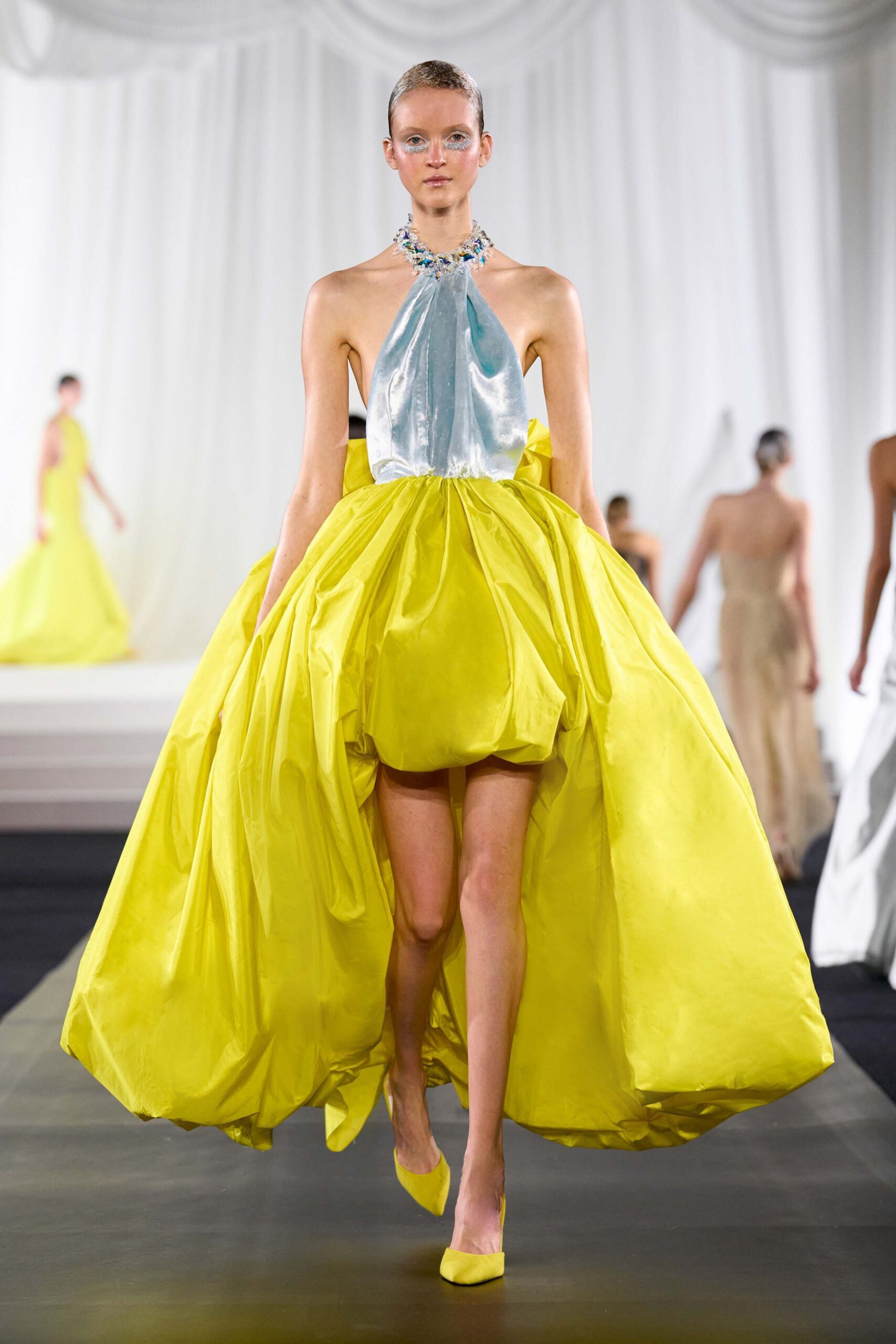 yellow silk sleeveless high-neck fitted pleated maxi gown