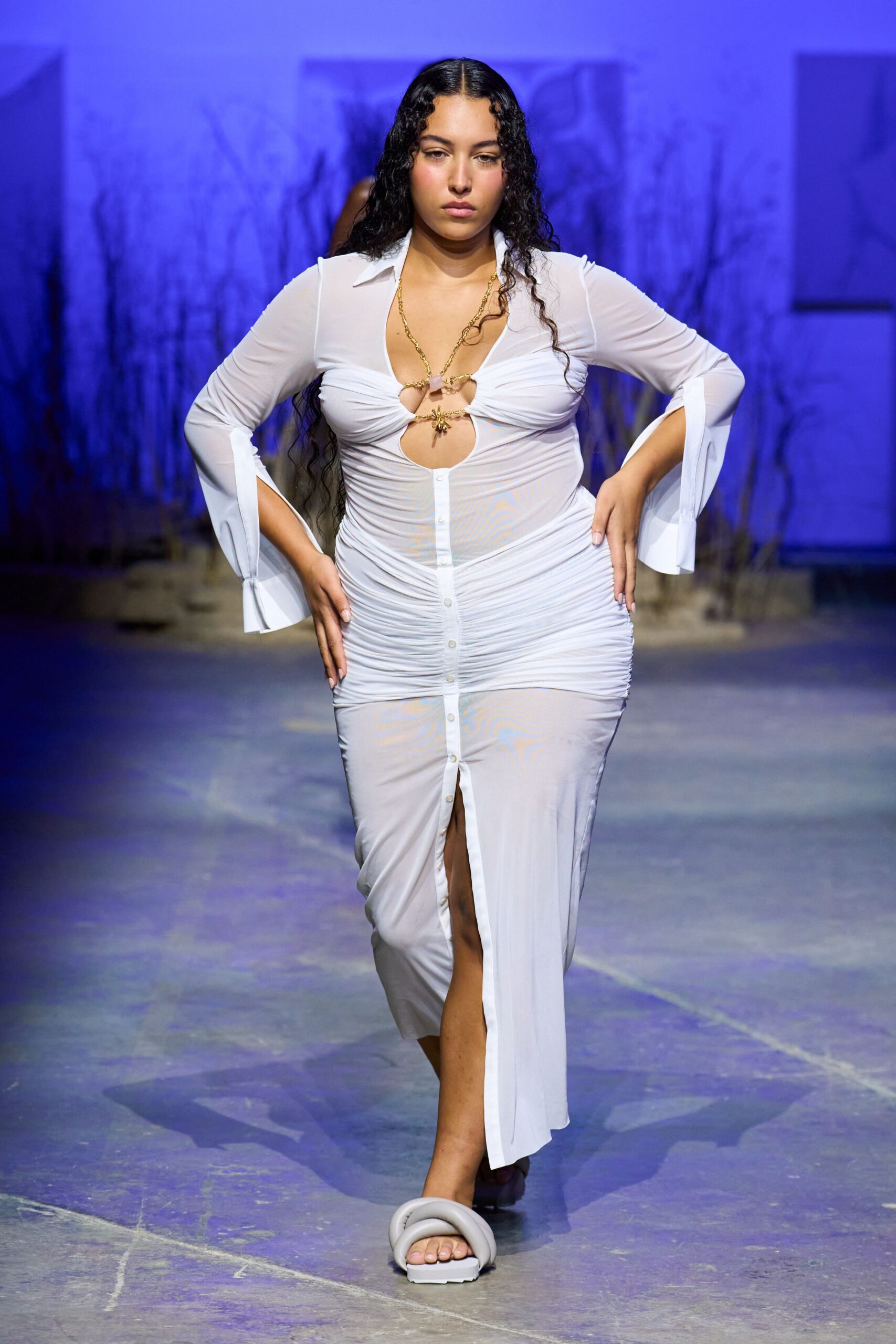 white silk long-sleeve v-neck fitted ruched sheer dress
