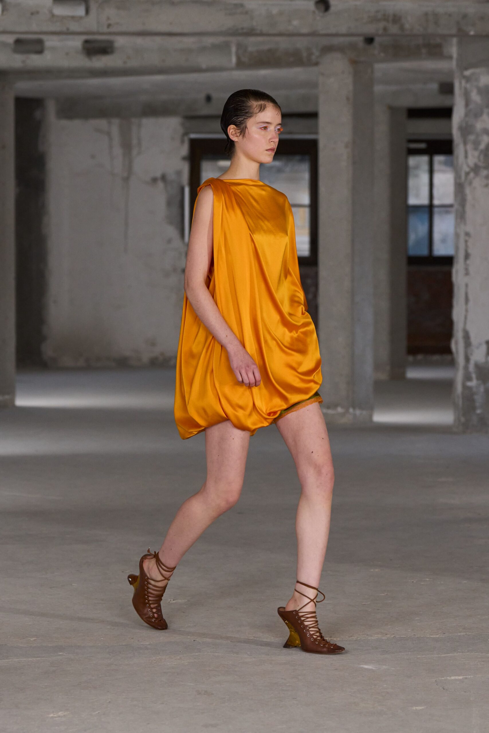 yellow silk sleeveless high-neck relaxed draped flowing dress