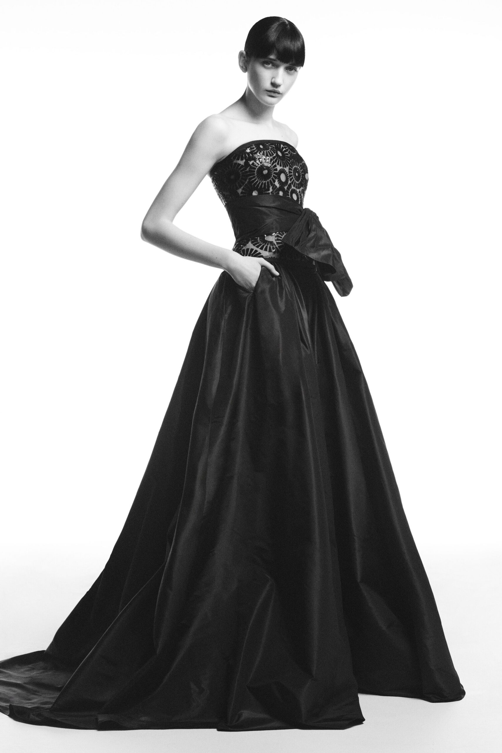 black silk strapless gown