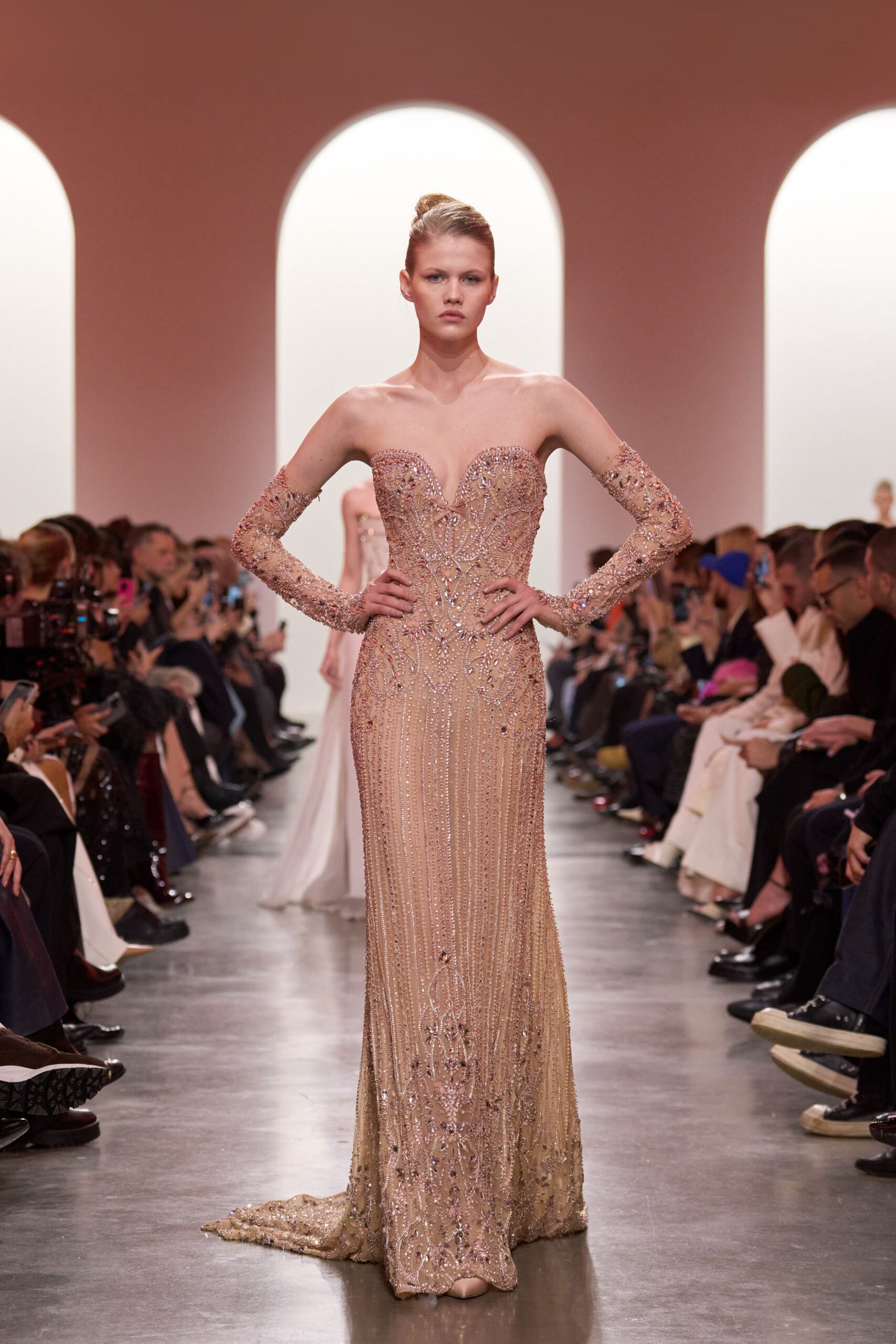 beige beaded strapless gown