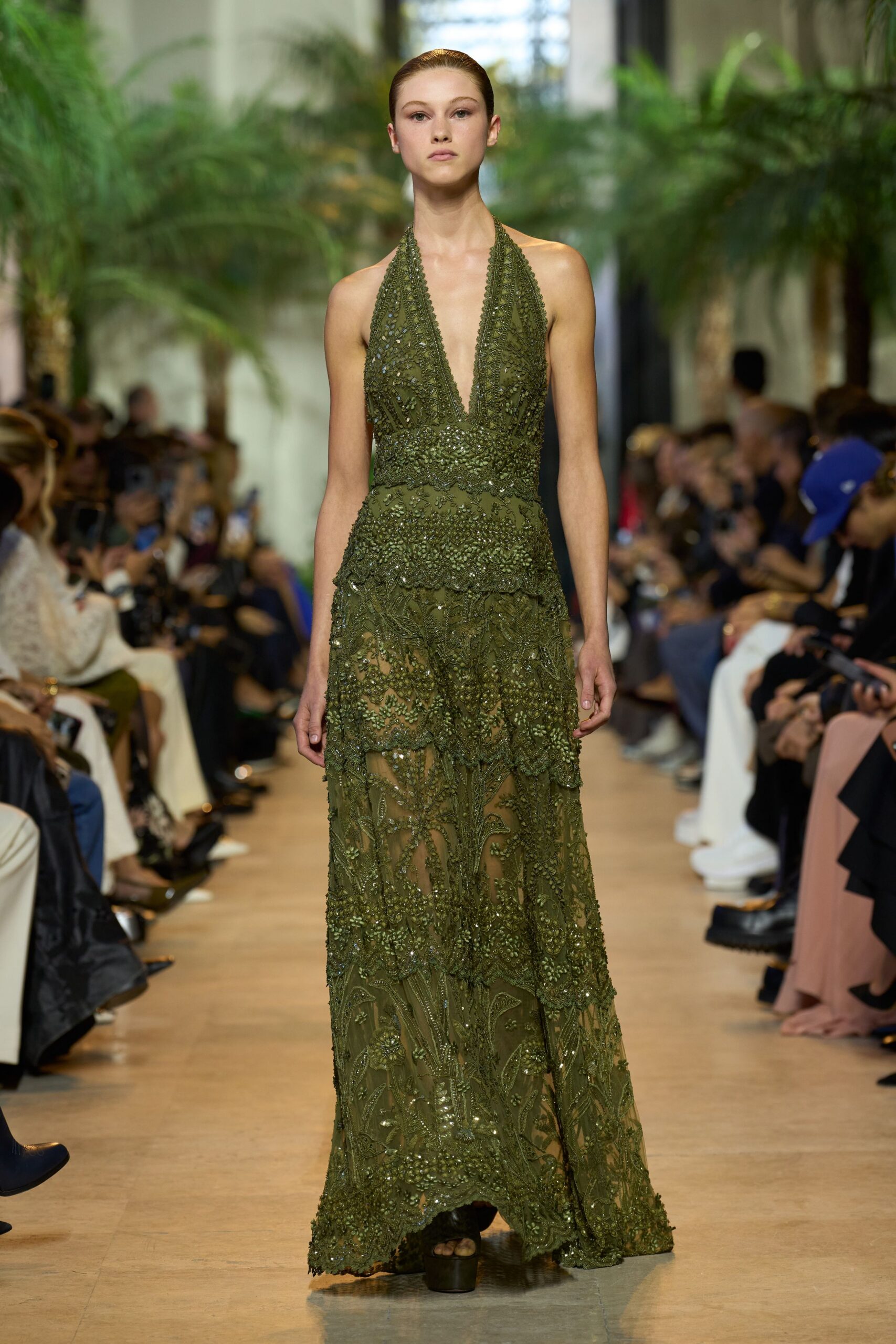 green silk sleeveless v-neck fitted embroidered layered gown