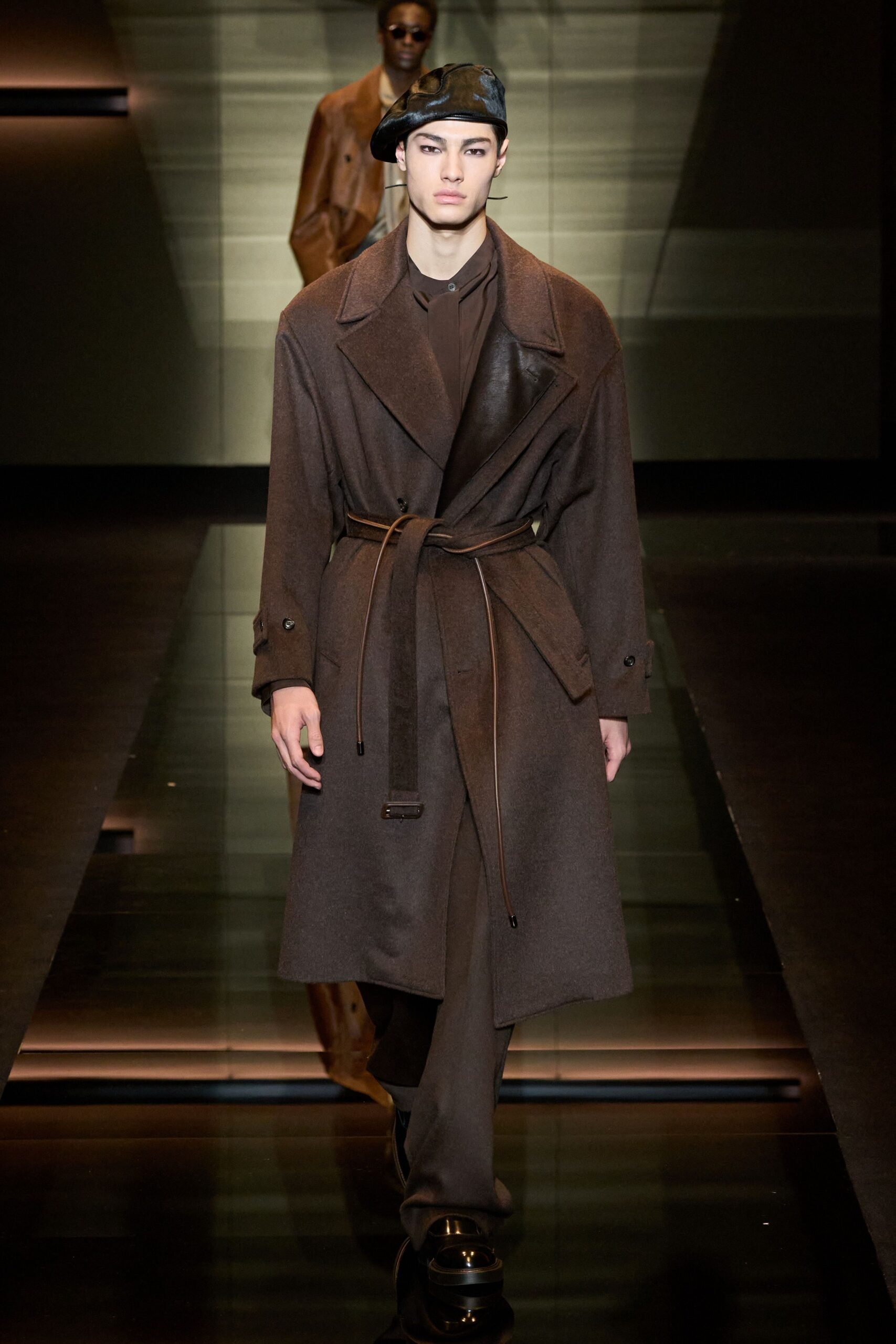 brown wool coat with black hat