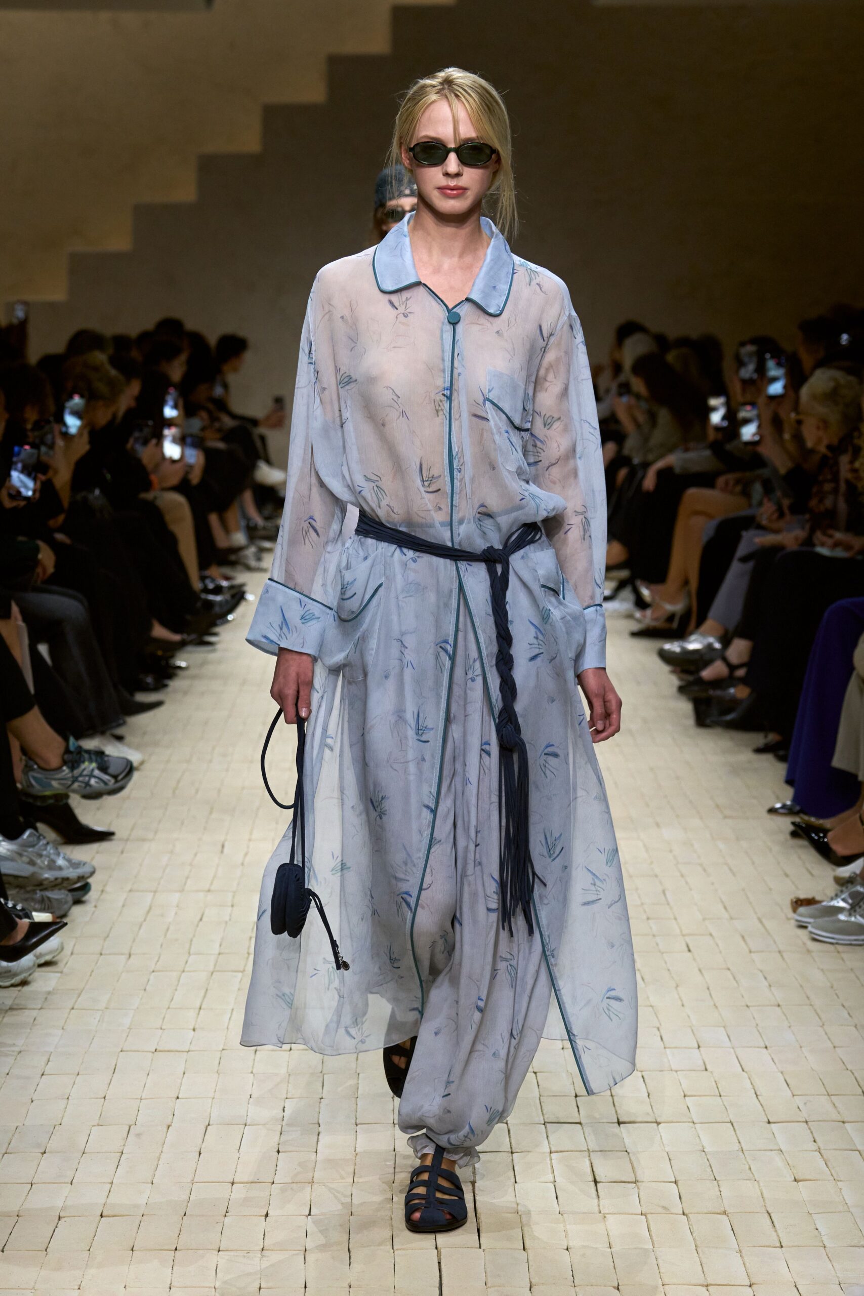 blue chiffon long-sleeve collared relaxed printed sheer dress
