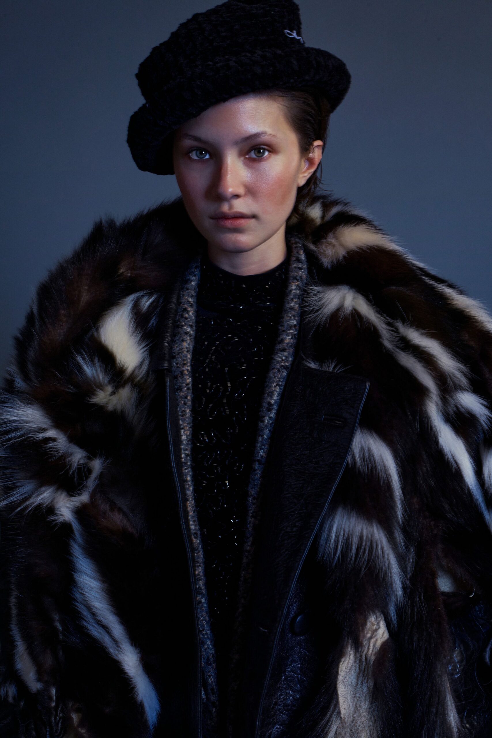 oversized fur coat with black top