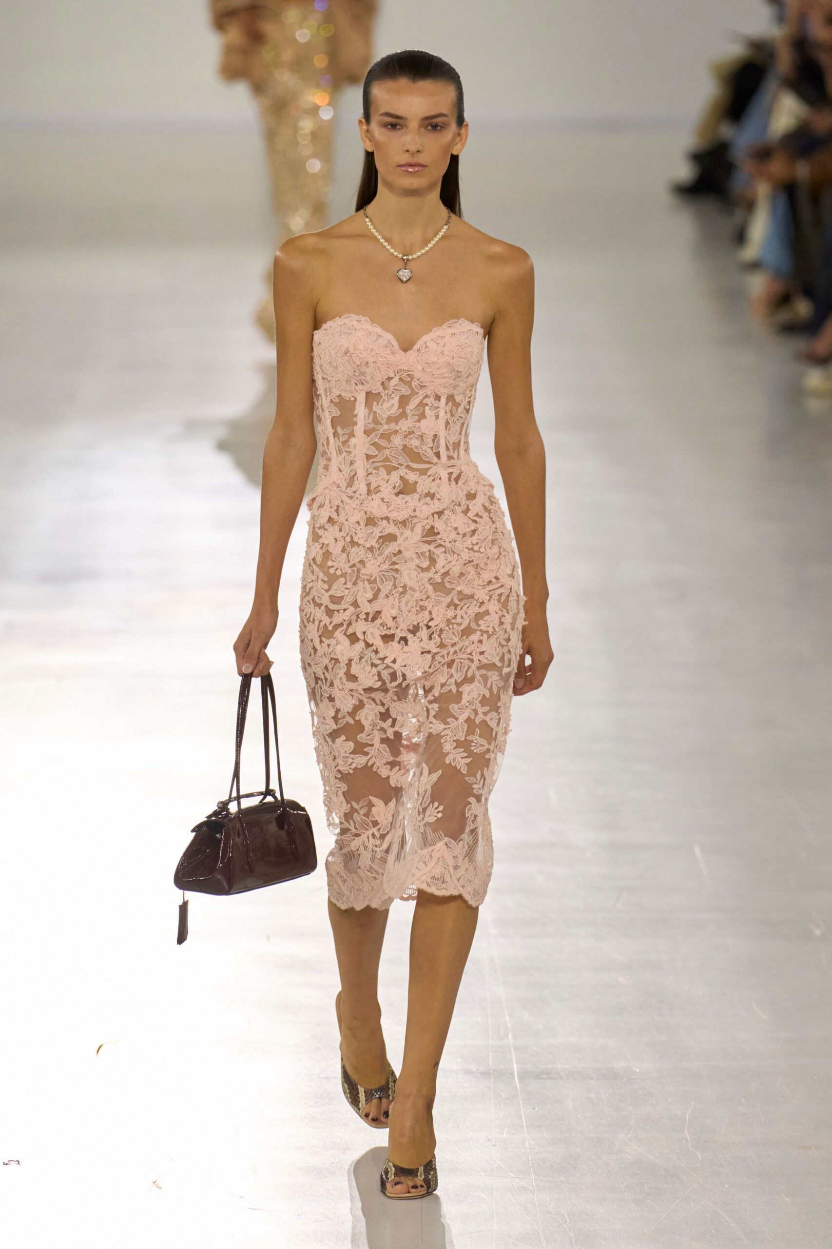 pink lace strapless v-neck fitted embroidered sheer dress